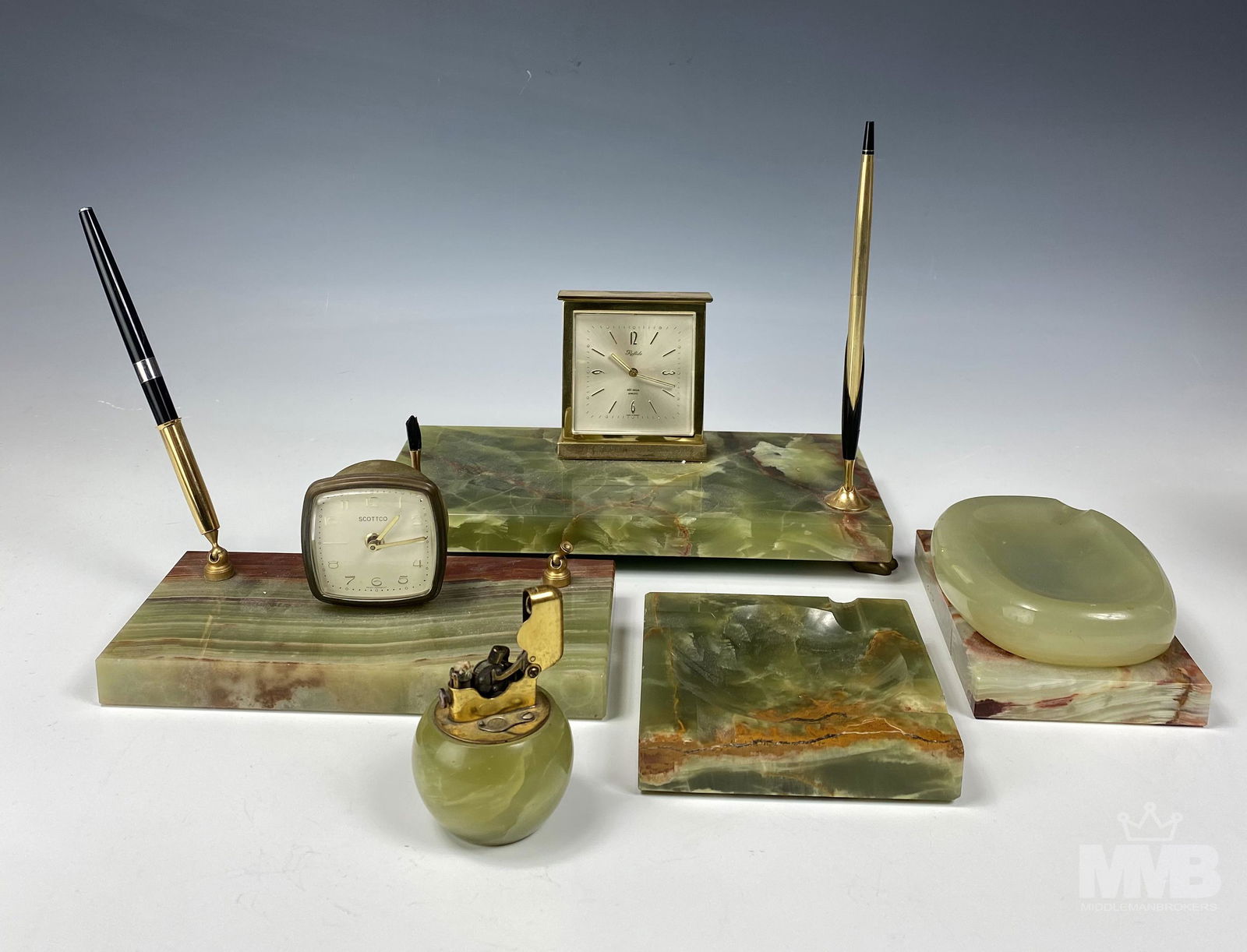 Collection 5 Onyx Desk Clocks Ashtrays & Lighter (1 of 9)