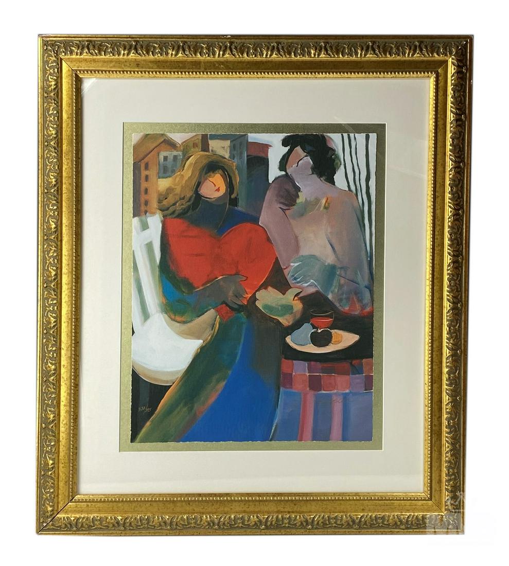 Hessam Abrishami b1951 Abstract Figural Serigraph: Hessam Abrishami (American/ Iran, born 1951). Limited edition serigraph. Titled "Hot Red." Depicts an abstract figural image of two ladies eating. Good condition with wear to frame. Appraisal included