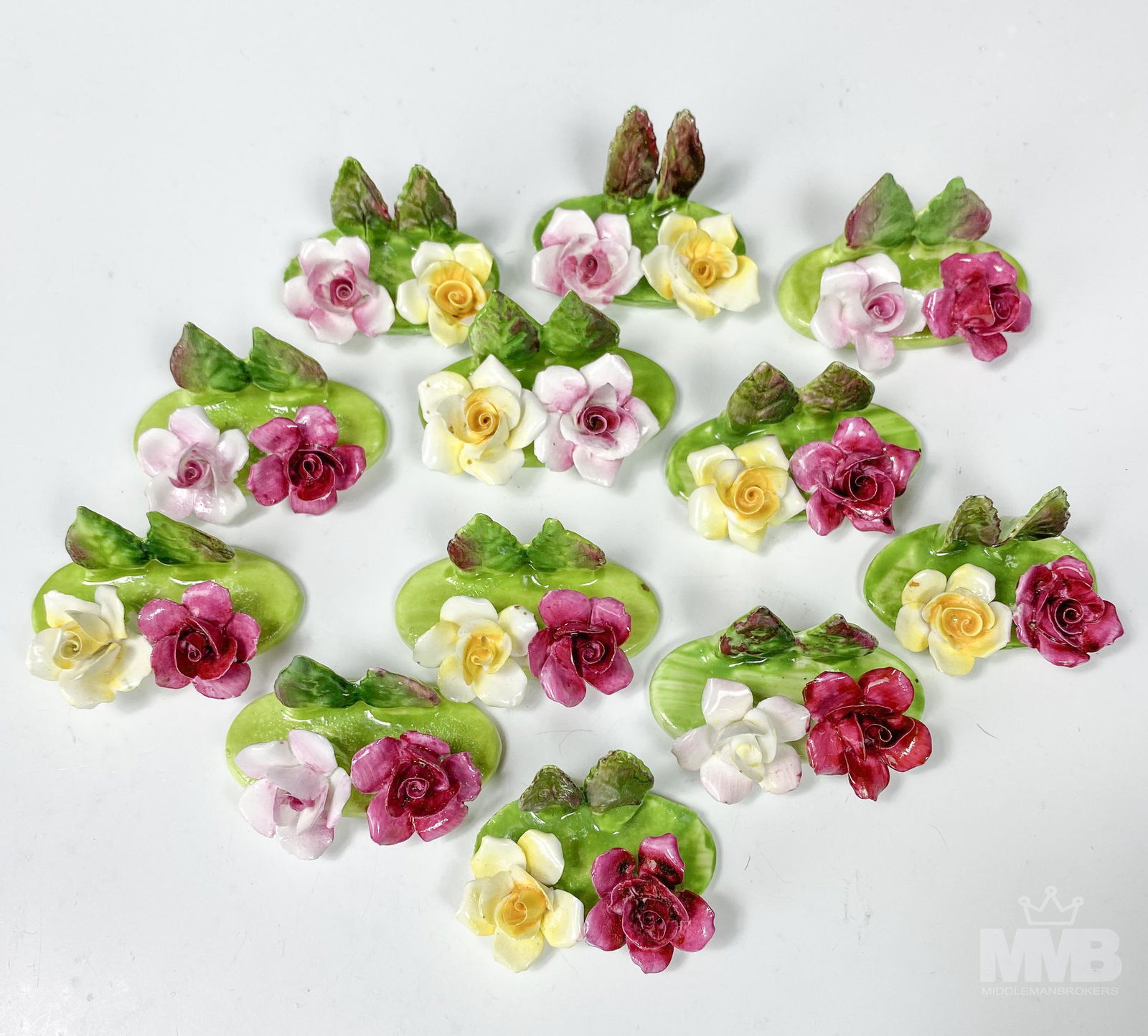 12 Staffordshire Porcelain Rose Place Card Holders (1 of 6)