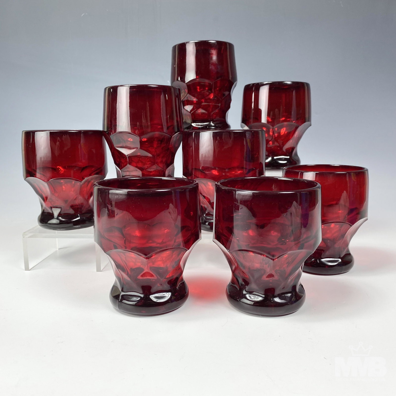 Set of 8 Ruby Red Georgian Glass Tumbler Glassware: Set of eight ruby red glass tumblers in the Georgian pattern. Good condition with minor wear. Measures 4 1/4 in. x 3 1/4 in x 3 1/4 in. MMB, Inc. in house USA continental shipping $45 plus insurance.