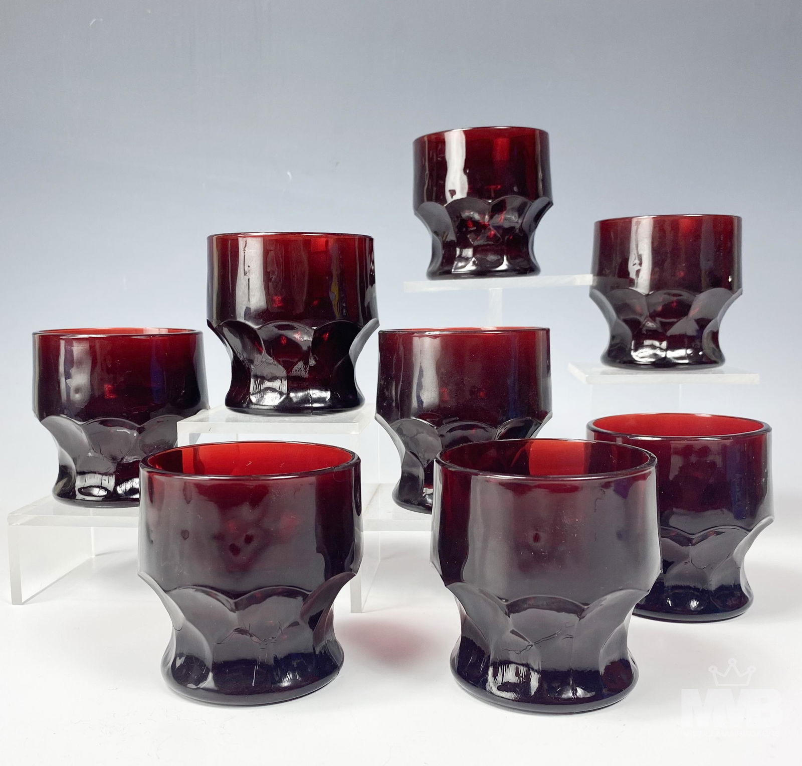 8 Ruby Red Georgian Mini Glass Tumbler Glassware: Set of eight ruby red glass miniature tumblers in the Georgian pattern. Good condition with minor wear. Measures 3 in. x 3 in x 3 in. MMB, Inc. in house USA continental shipping $45 plus insurance. Ga
