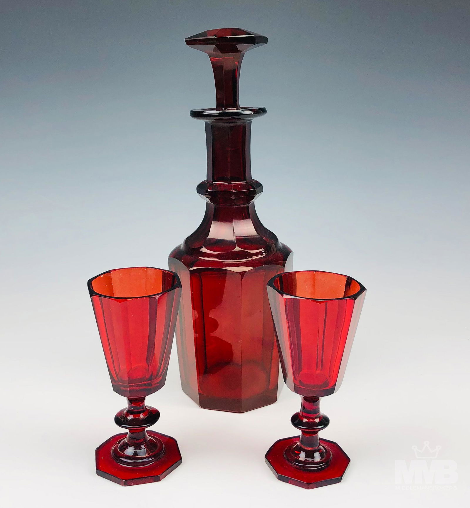 Art Deco Red Glass Cups & Decanter Liquor Set (1 of 4)