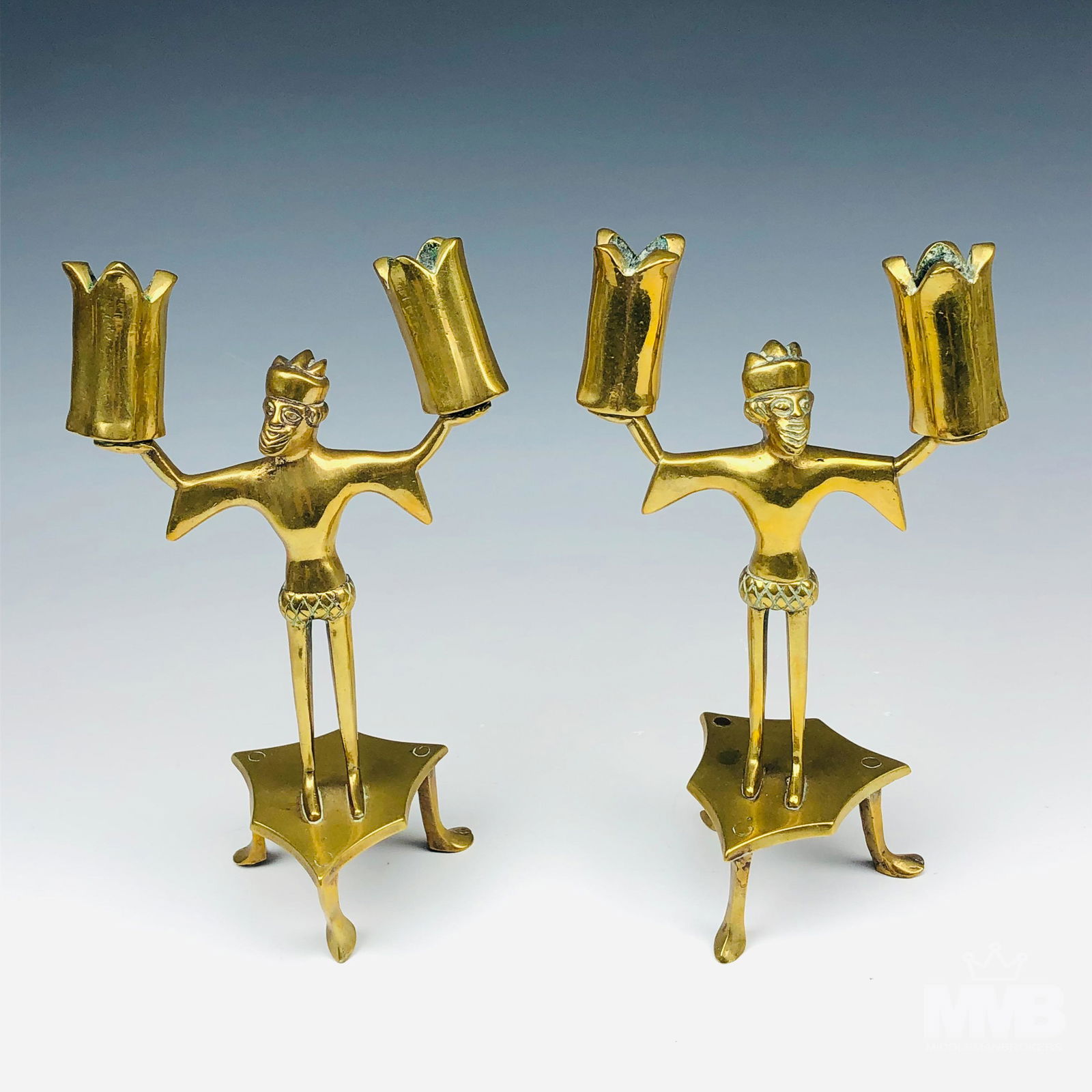 Pair of Brass Figural Two Light Tripod Candelabras (1 of 6)