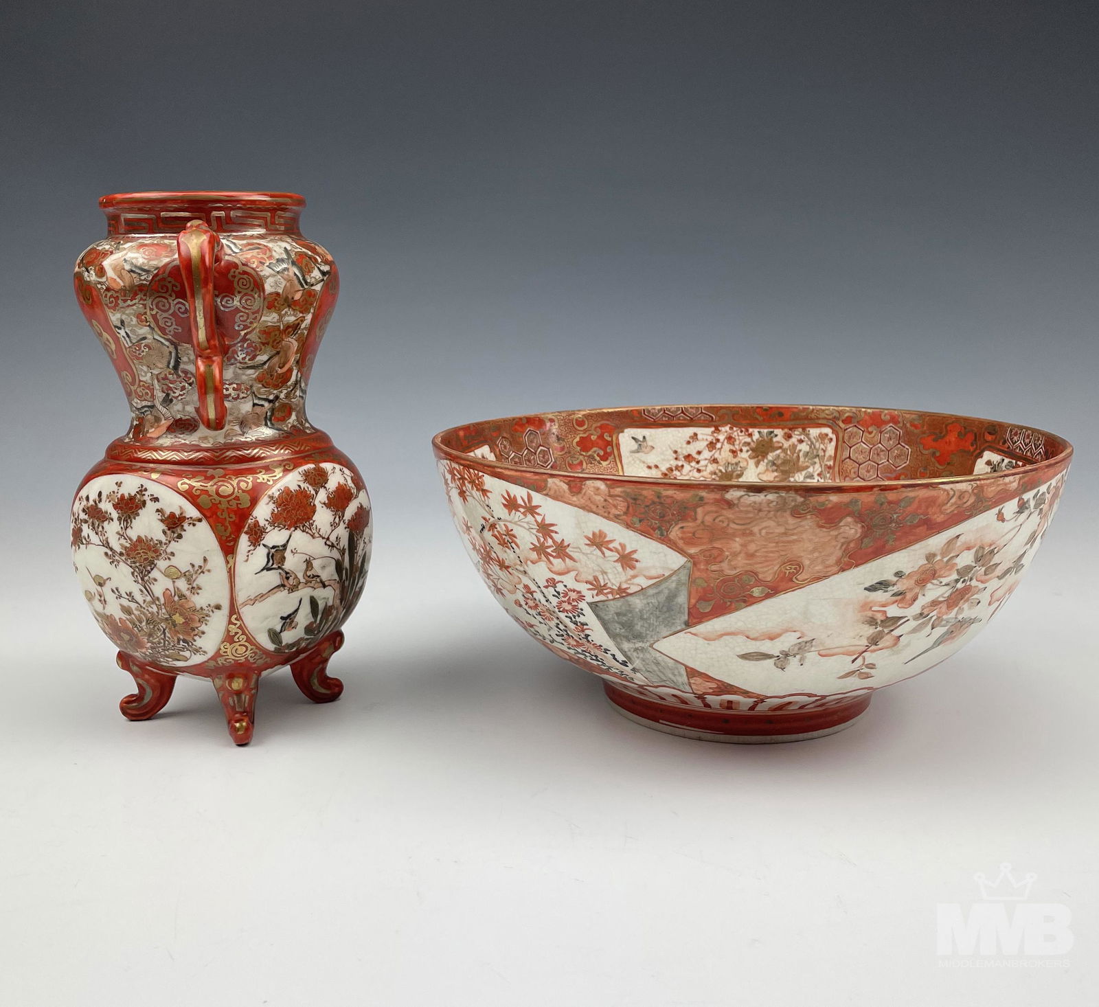 Japanese Kutani Meiji Period Porcelain Bowl & Vase (1 of 6)