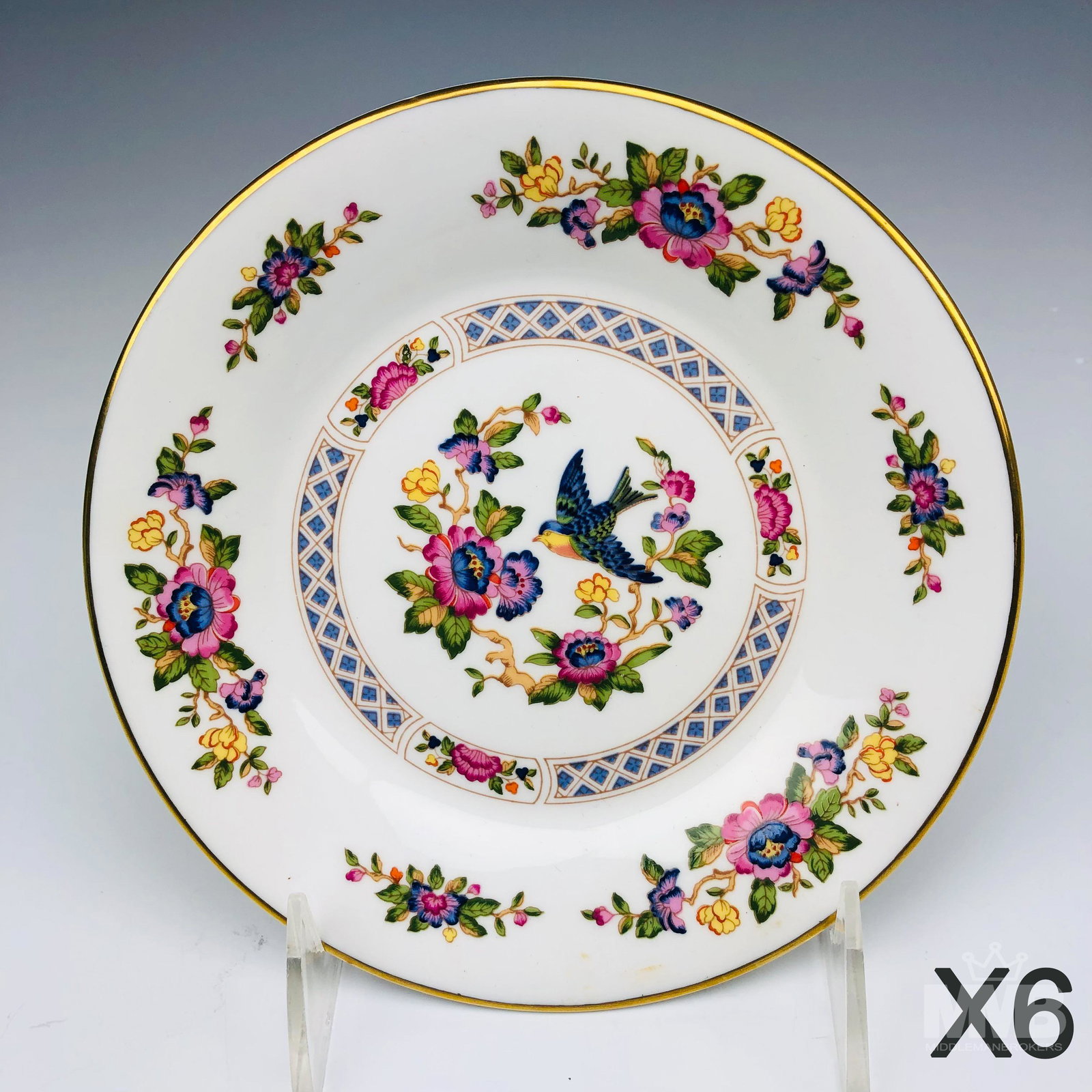 6 Aynsley Capistrano Bone China Bread Butter Plate: Fine English bone china articles that feature a hand painted multi floral and bird pattern against a crisp white ground, with a glazed finish. Rich gold trim linings embellish the borders around each.