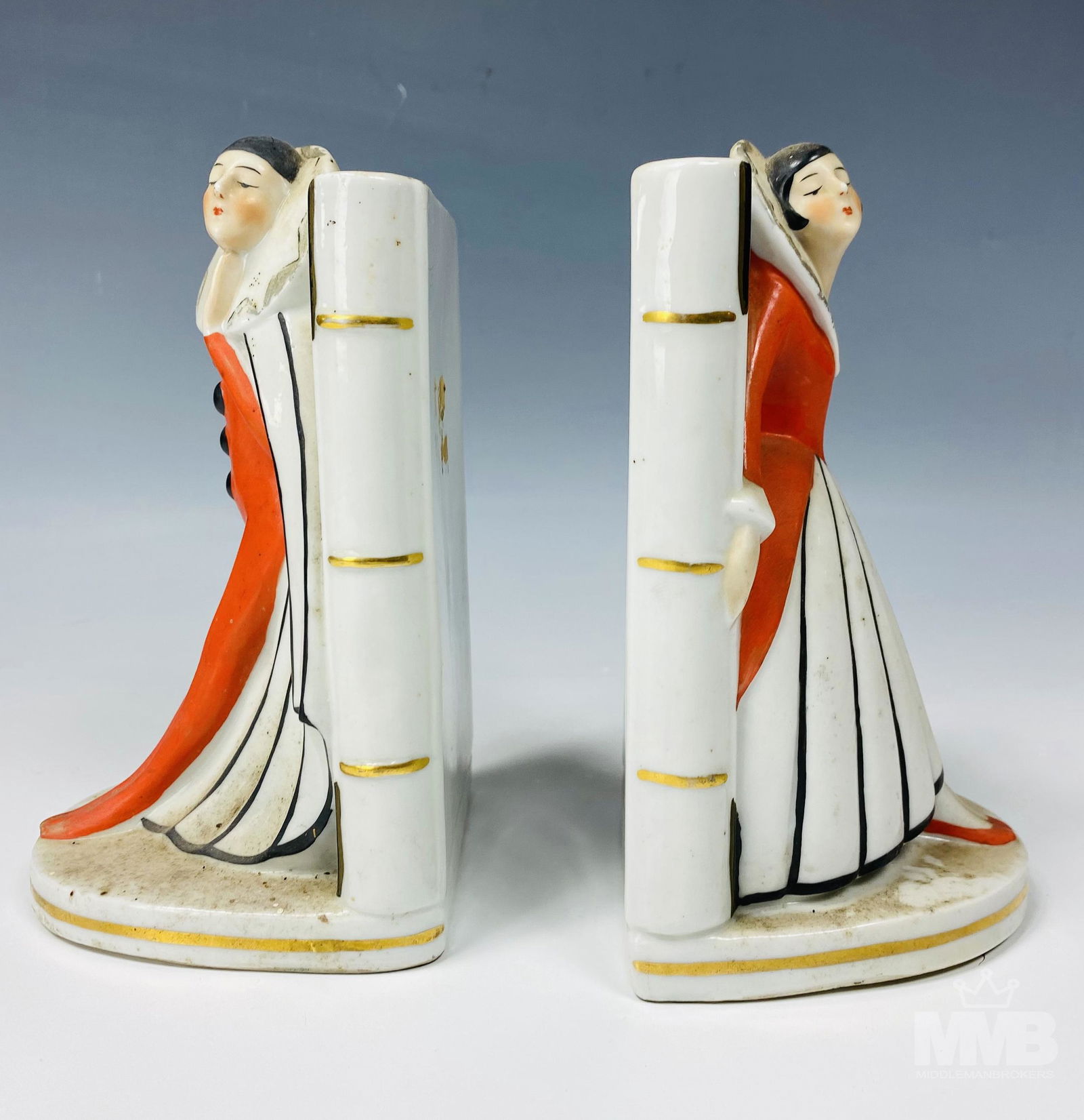 Pair Art Deco Porcelain Pierrot Pierrette Bookends (1 of 4)