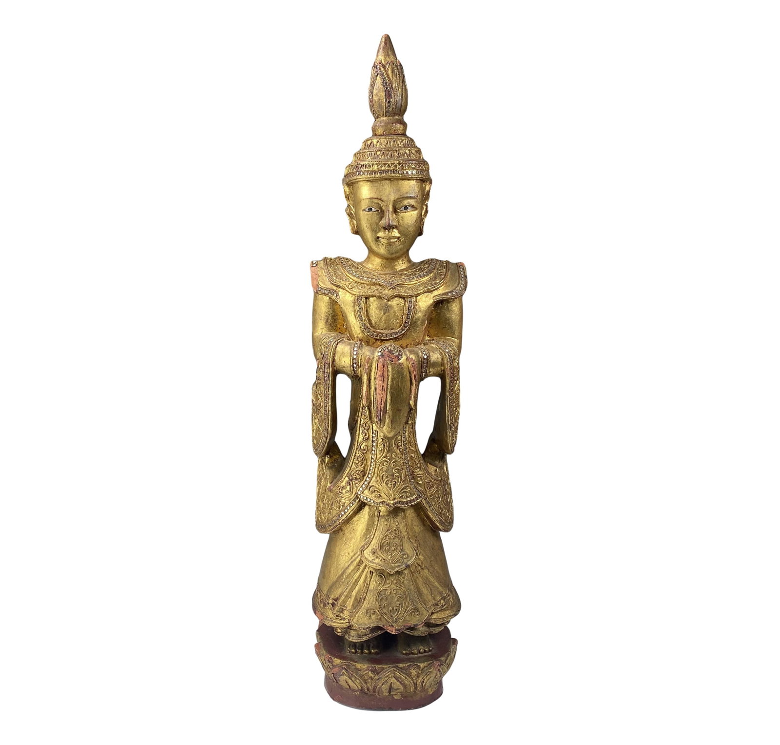 Chinese Gilt Carved Wood Jeweled Buddha Sculpture: Carved gilt wood Buddha statue. Features mirrored glass embellishments. Fair condition with wear and loss to wood. Measures 35 in. x 9 in x 7 in. MMB, Inc. will not ship. Gallery will refer local ship