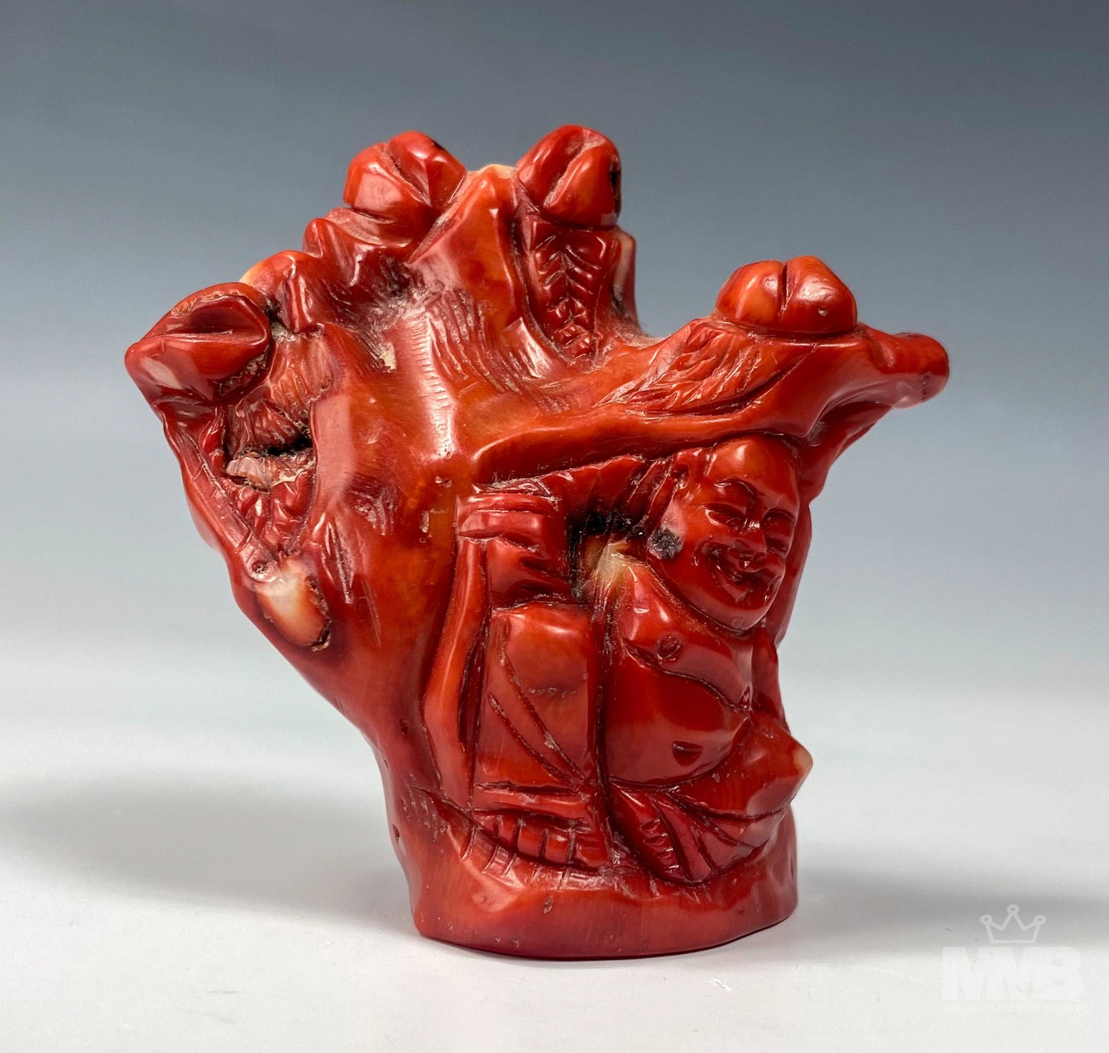 Chinese Carved Red Coral Buddha Sculpture 156g: Fine antique Chinese carved salmon red coral Buddha figurine. No apparent markings. Approximate weight 156 grams. Good condition with minor wear and losses. Measures 3 in x 3 in x 2 in. MMB in house U