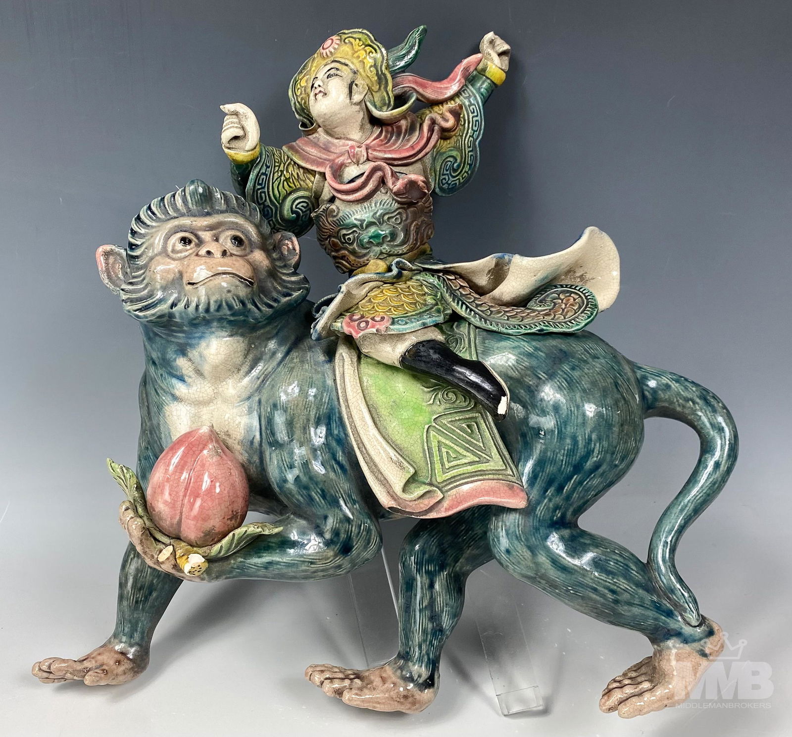 Chinese Warrior Riding Monkey Roof Tile Sculpture (1 of 9)