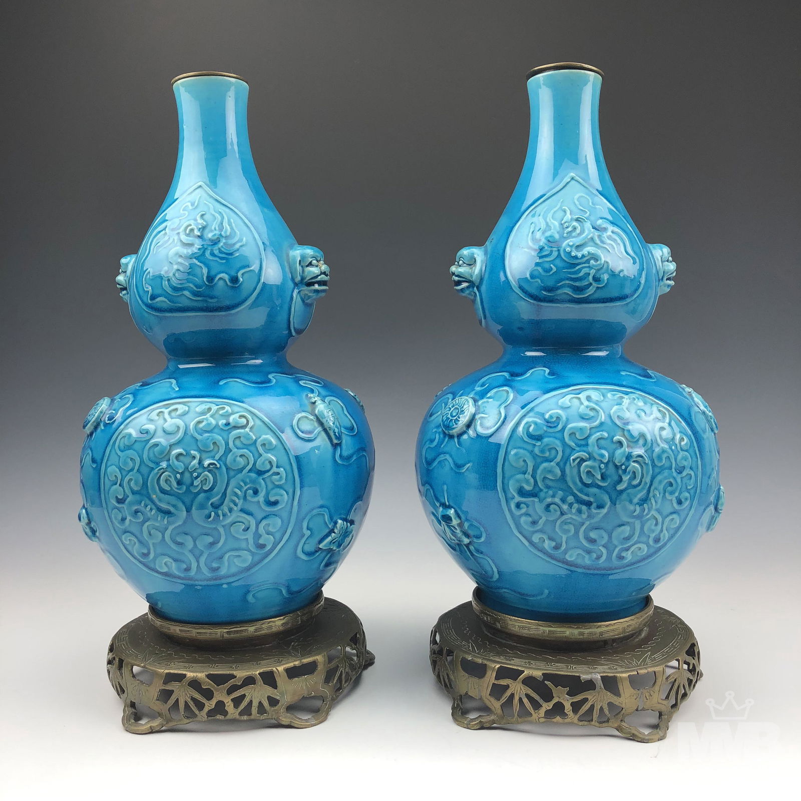 Pair Chinese Turquoise Glazed Double Gourd Vases (1 of 6)