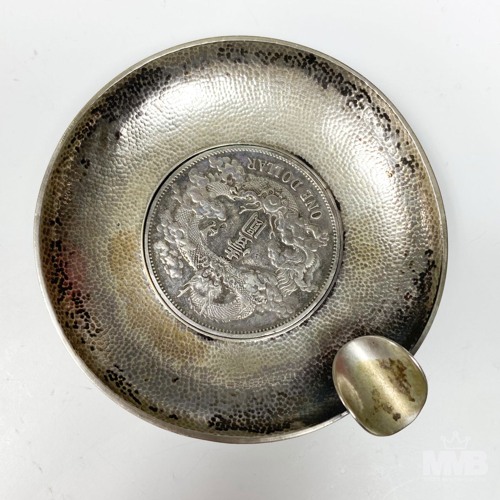 Chinese Character Signed Silver Coin Dish Tray (1 of 4)
