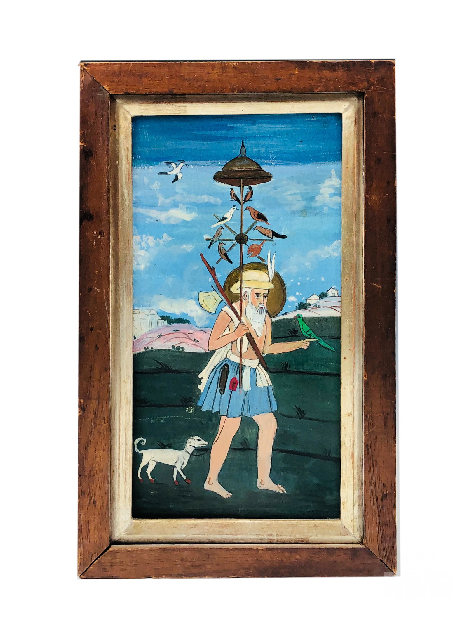 Indo Persian Mughal Birdman Landscape Oil Painting: Mughal Indian oil painting on board. Features a man walking his dog and birds. Housed in a wooden frame. No apparent signature. Work Size: 10 x 5 in. SHIPPING MMB will offer in-house continental USA s