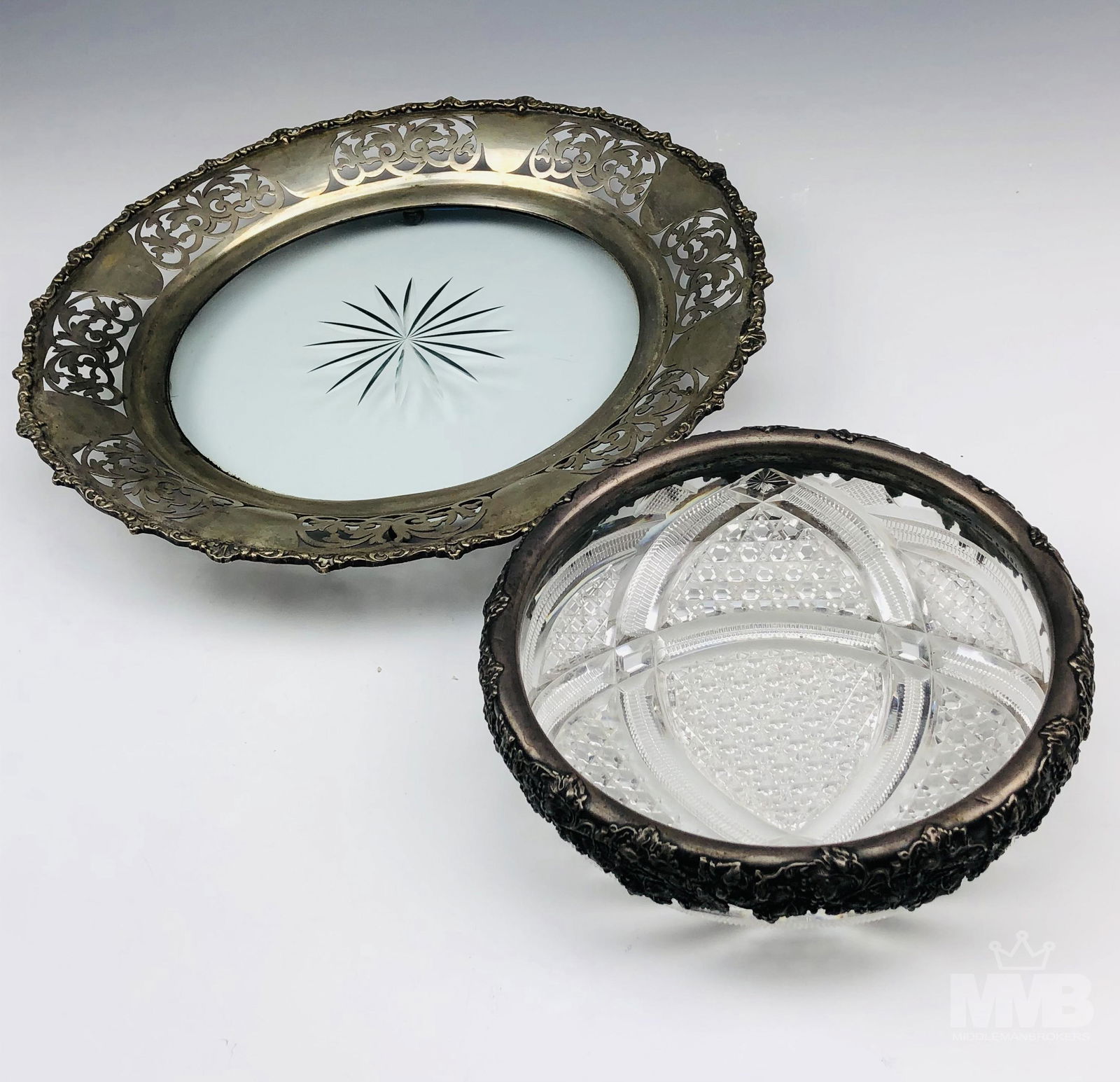 Antique Victorian Silver Cut Glass Bowl Plate Lot (1 of 8)