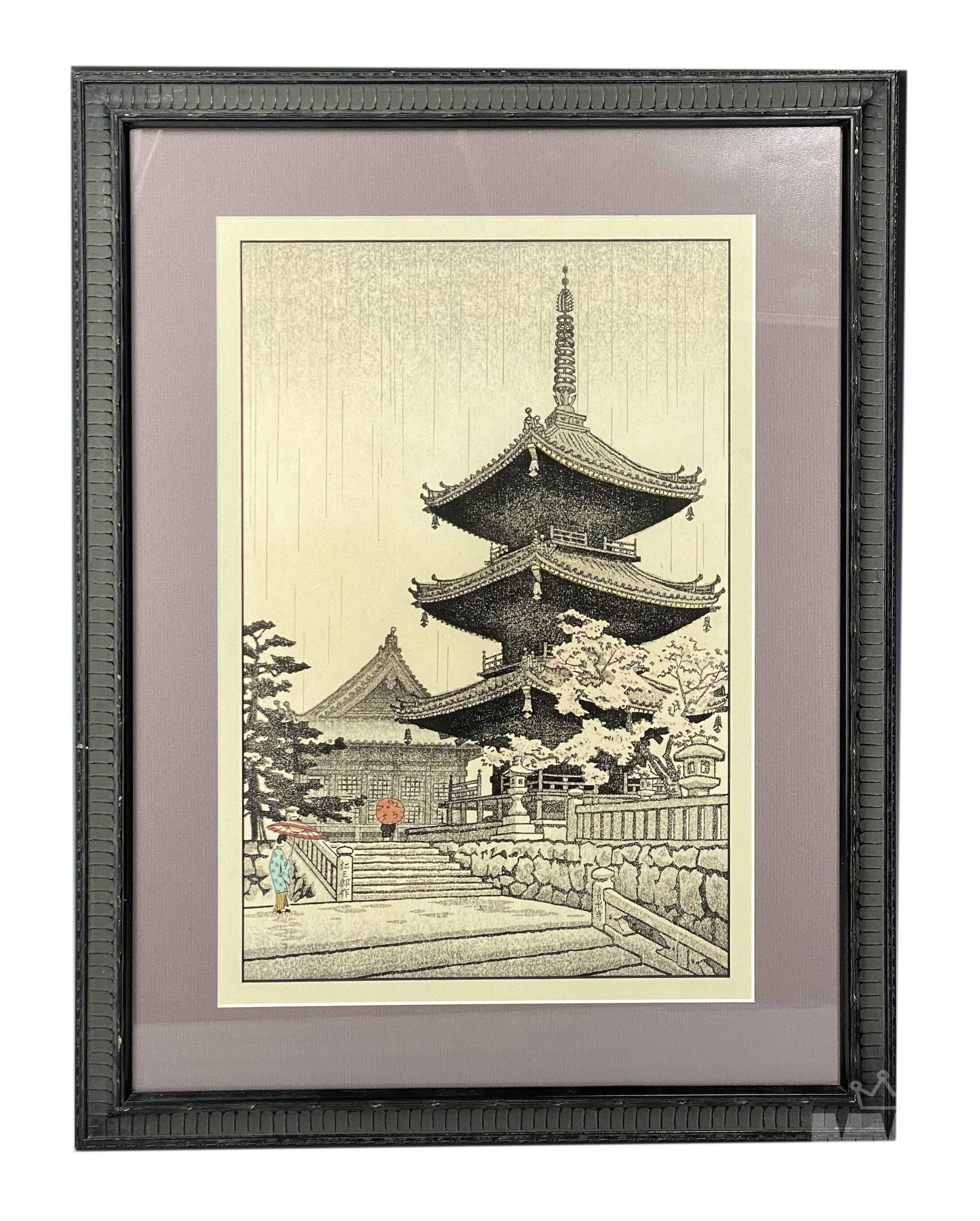 Nisaburo Ito 1910-1988 Japanese Woodblock Print: Nisaburo Ito (1910-1988,Japanese). Woodblock print titled "The Pagoda of Kiyomizu Temple in Kyoto." By Uchida Woodblock Printing Co., LTD. Depicts the Pagoda of Kiyomizu temple and a blooming cherry t