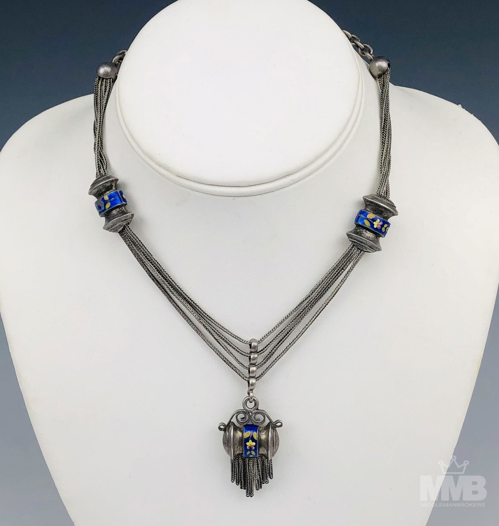 800 Silver Antique Enamel Tassel Necklace (1 of 5)