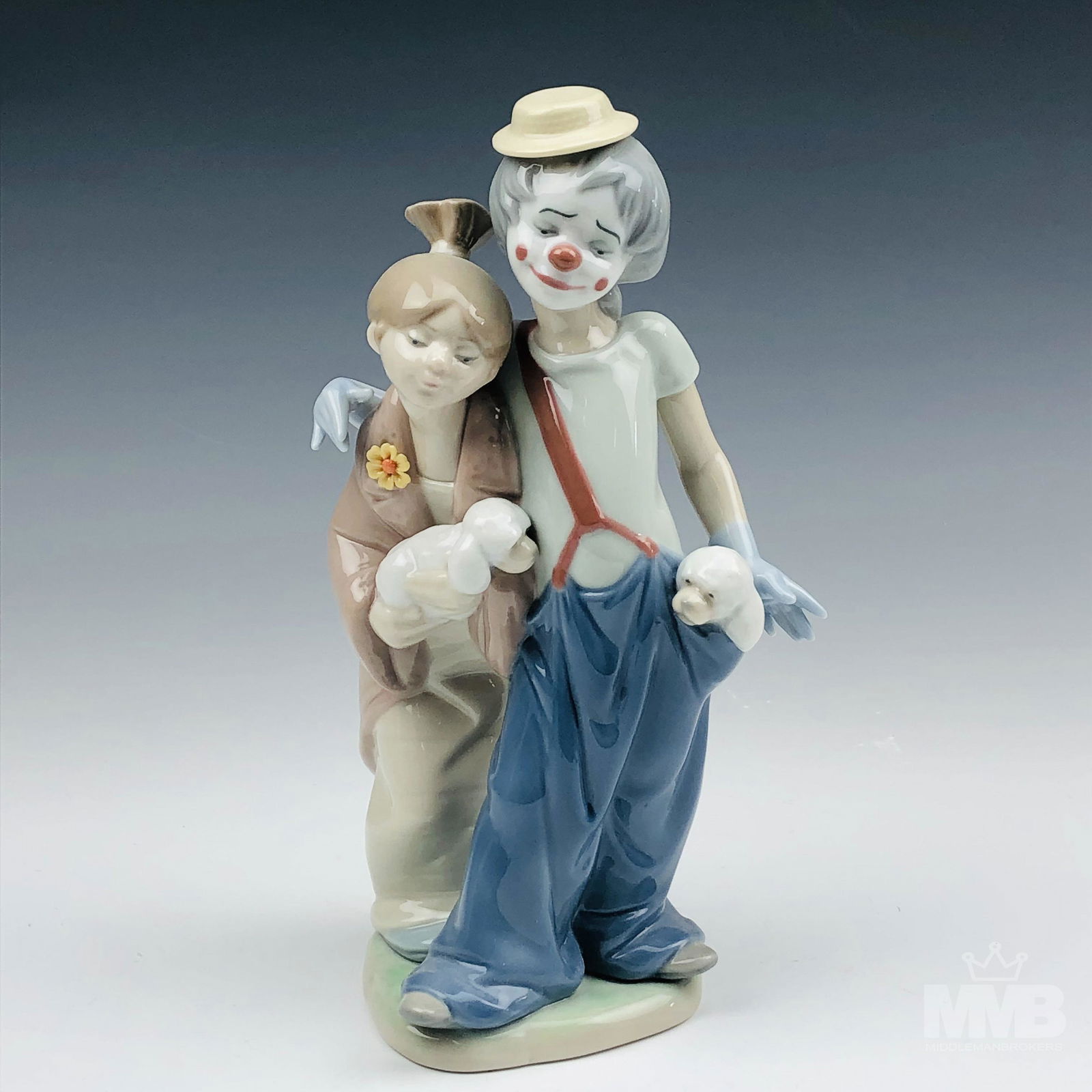 LLadro Pals Forever # 7686 Girl Clown Dog Figurine: Titled : Pals Forever. Model number : 7686. Designed by artist / sculptor ~ Juan Huerta. Production years : 2000 - 2000. Glazed finish. Signed with the blue tulip Lladro Hand Made in Spain Daisa 1999