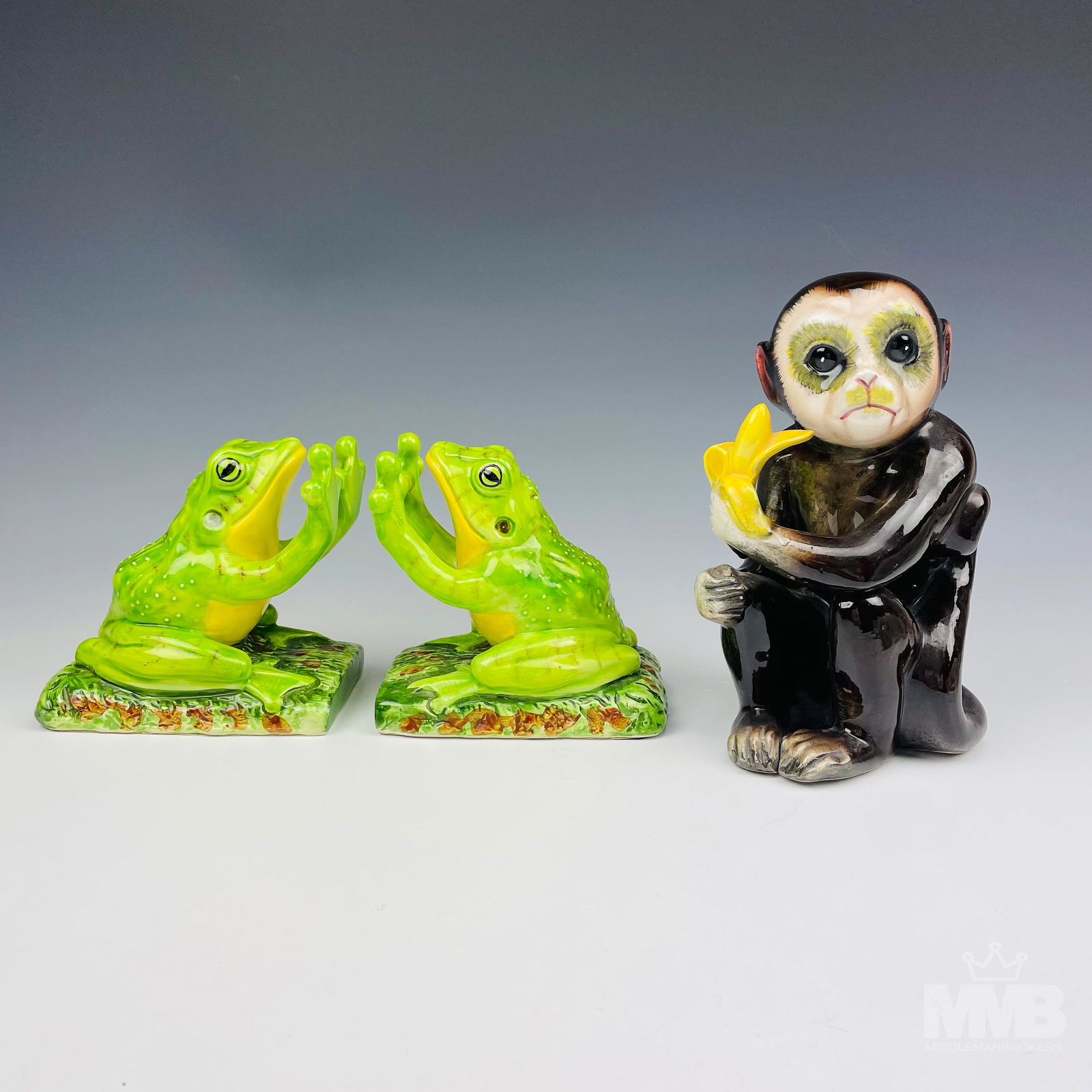 Monkey w Banana Figurine & Green Frog Bookends LOT (1 of 11)