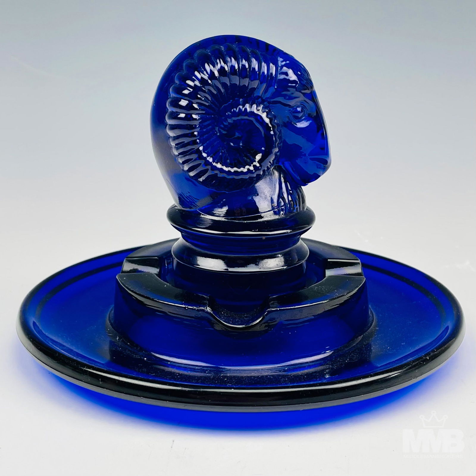 Cobalt Blue Art Deco Glass Ashtray Ram Paperweight (1 of 6)
