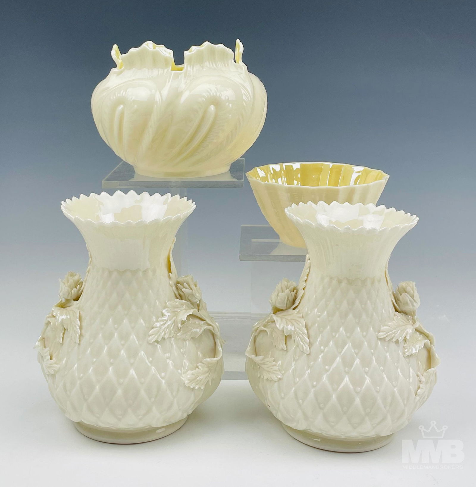 Belleek Irish Porcelain Thistle Vases & Dish Bowls