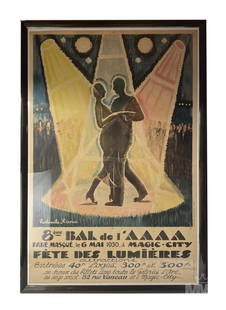 Paul-Emile Pissarro Festival of Light Lithograph: Lithograph poster by Paul-Emile Pissarro (1884-1972, France). Titled "Bal de l'AAAA Festival of Light". Depicts a silhouetted couple dancing in white, pink, and yellow spotlights. This poster advertis