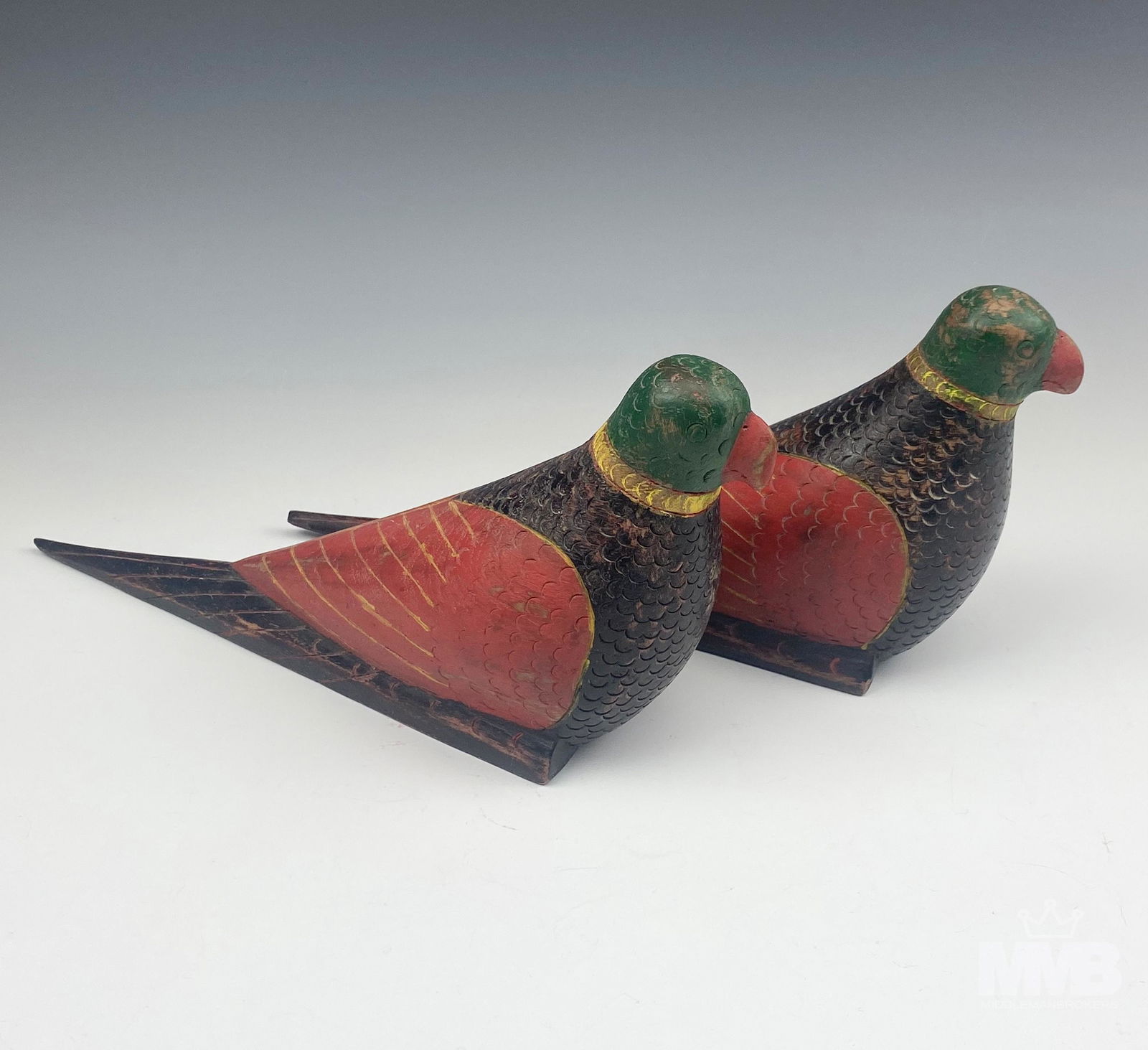 Hand Carved & Painted Wooden Parrot Sculpture PAIR (1 of 4)