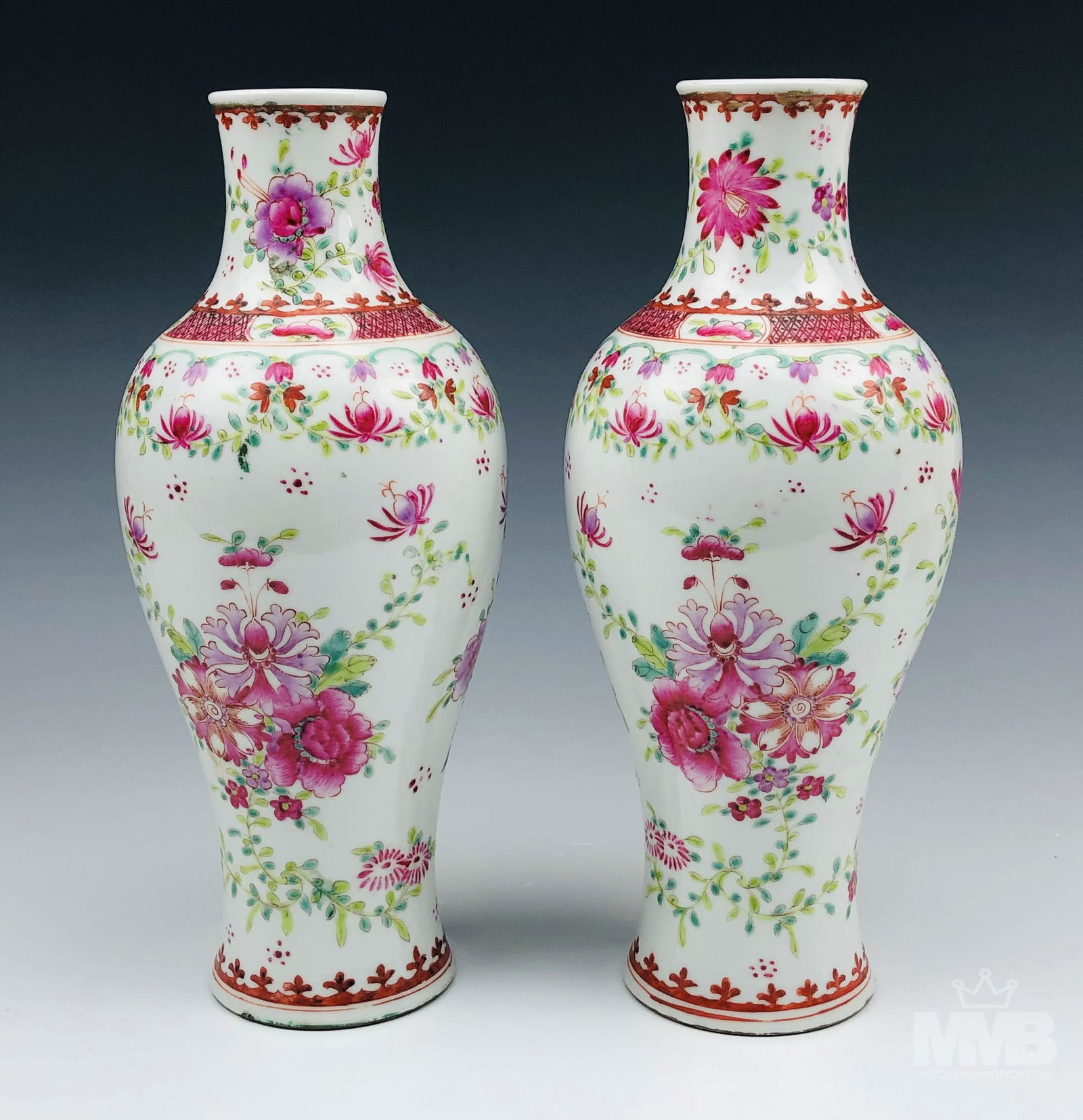 Pr Chinese Famille Rose Painted Floral Shelf Vases (1 of 4)