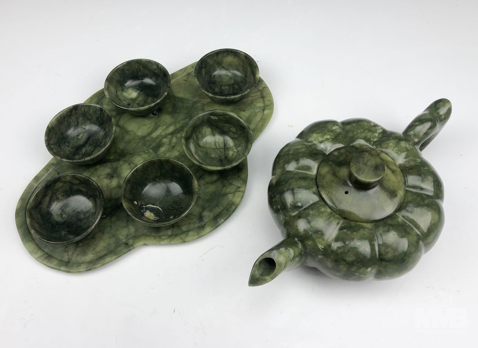 Chinese Export Spinach Jade Tea Pot 6 Cups Tray (1 of 4)