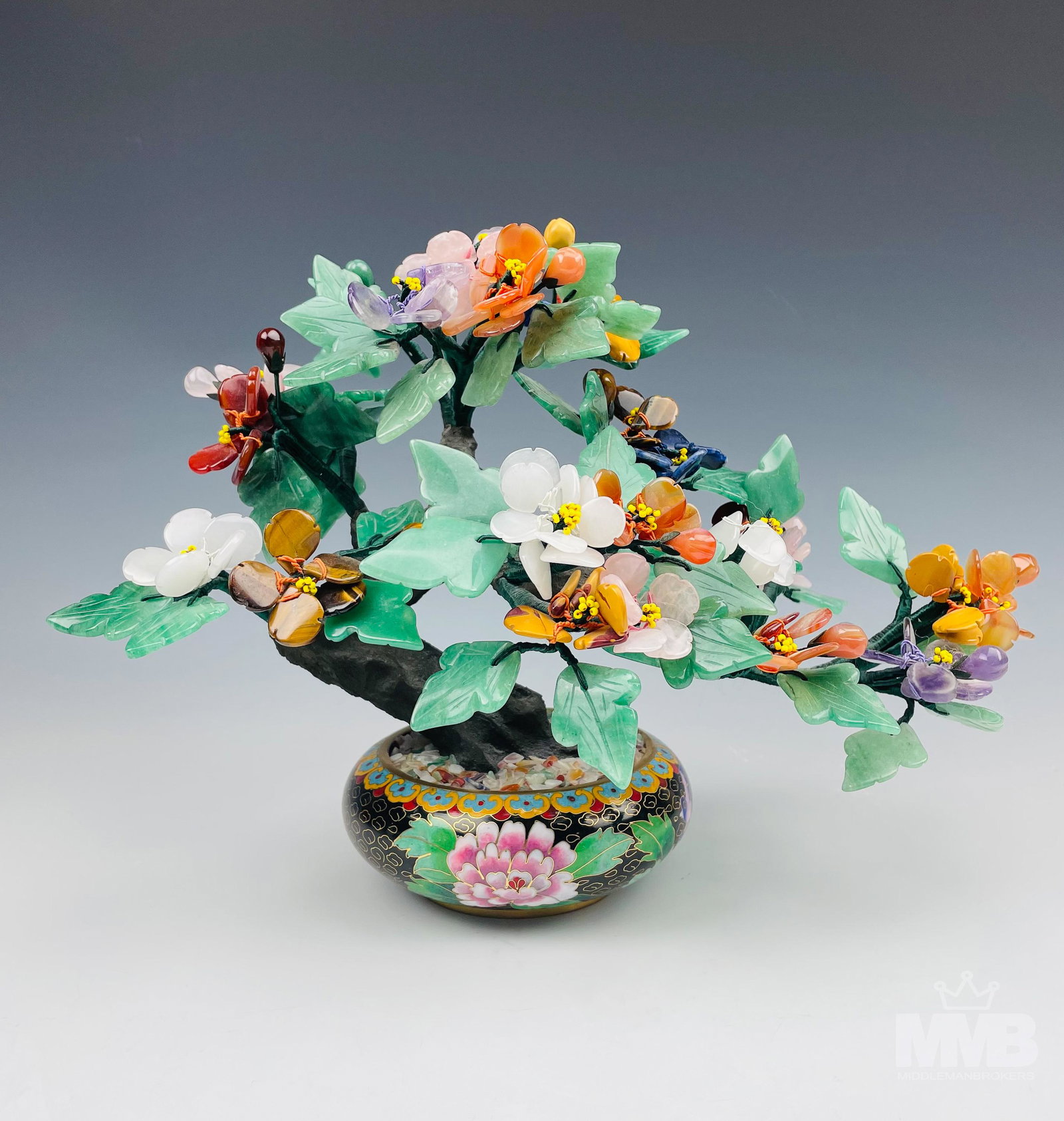 Chinese Gemstone Bonsai Sculpture Cloisonne Bowl (1 of 5)