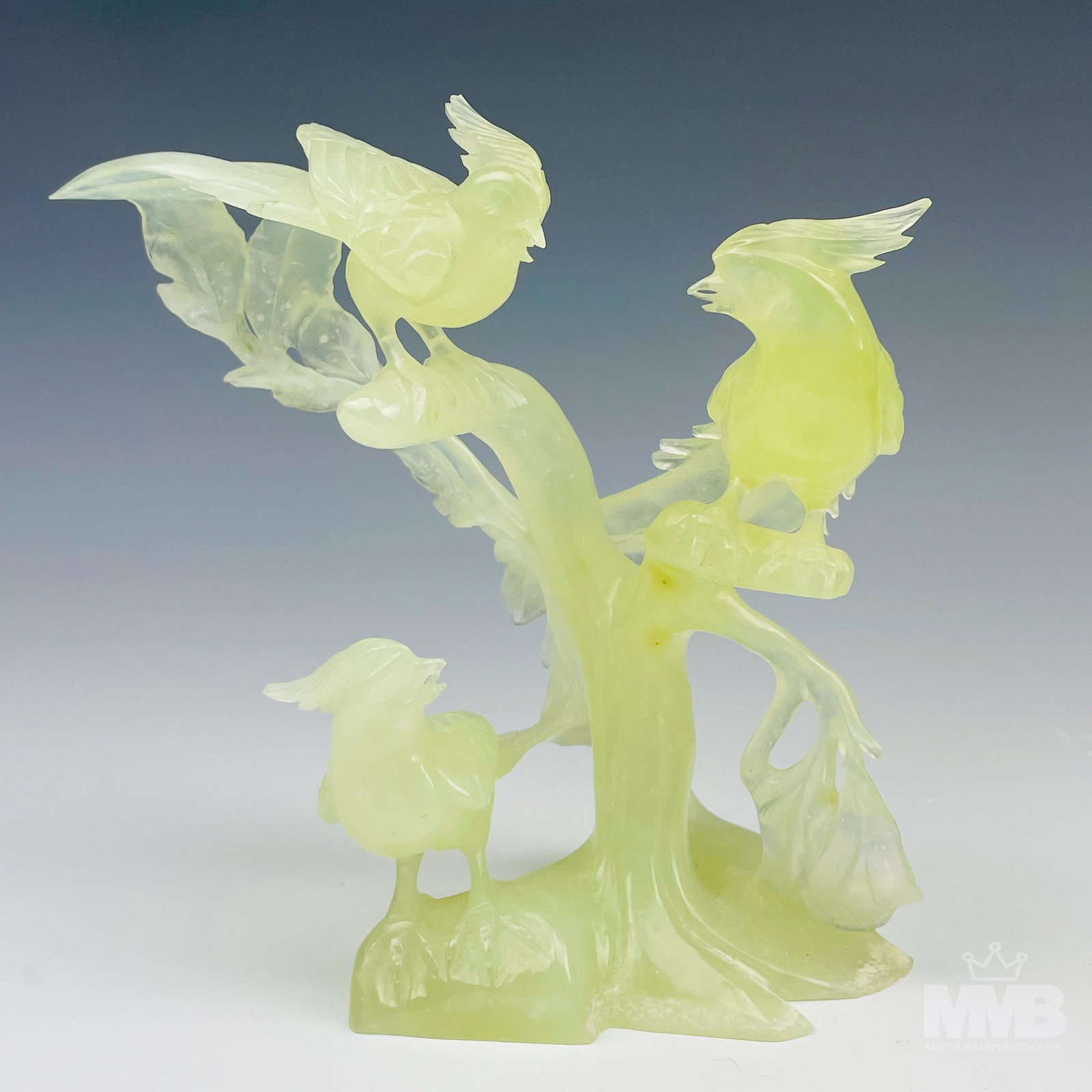 Chinese Carved Green Jade Pheasant Tree Sculpture (1 of 4)