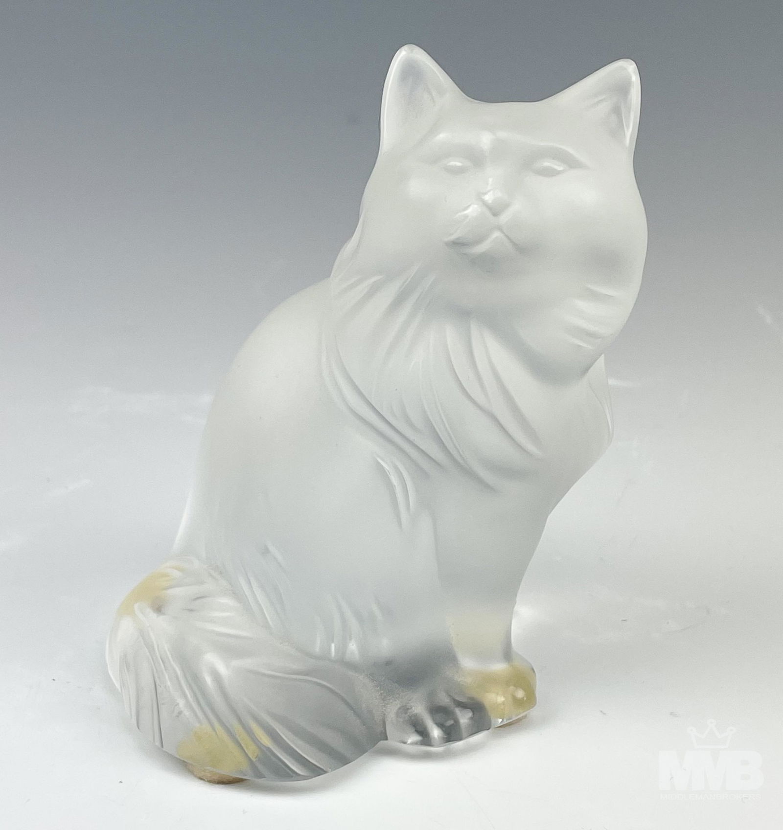 Lalique Frosted Crystal Persian Cat Glass Figurine: Features "Heggie", a hand crafted frosted crystal art glass seated Persian cat figurine in attentive pose with erect ears. Designed by Marie Claude Lalique in 1995. Well detailed in manner. Satin fini