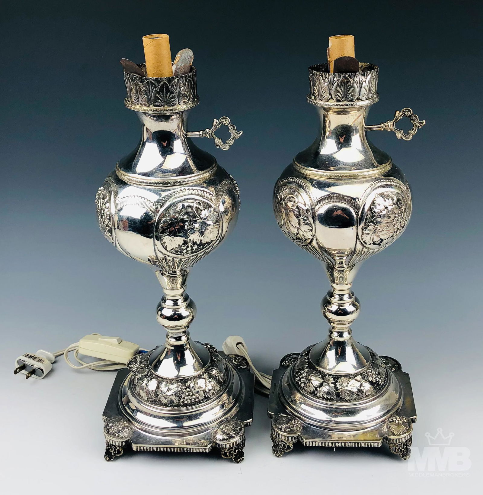 Pr Sterling Silver 925 Grape Leaf Footed Oil Lamps (1 of 6)