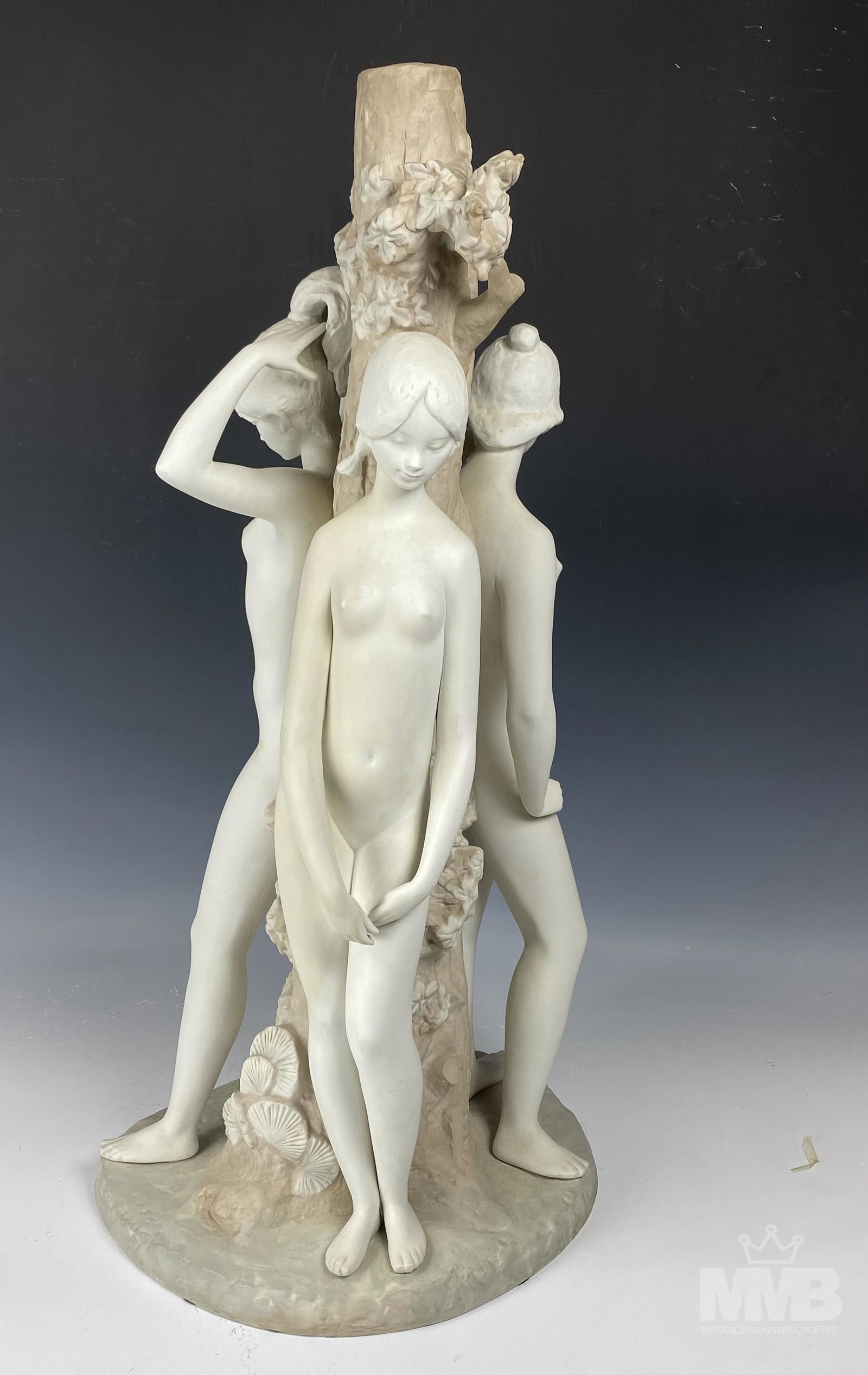 Lladro Three Graces # 2028 Nude Porcelain Figurine: Modeled by Fulgencio Garcia in 1971. Discontinued / retired in 1977. Features the 3 mythological Greek goddesses, all of them nude, in standing poses, one representing charm, one beauty and one creati