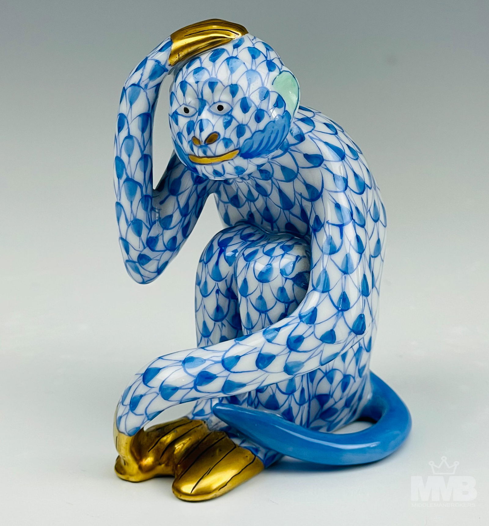 Herend Blue Fishnet Chimp Monkey Animal Figurine (1 of 4)