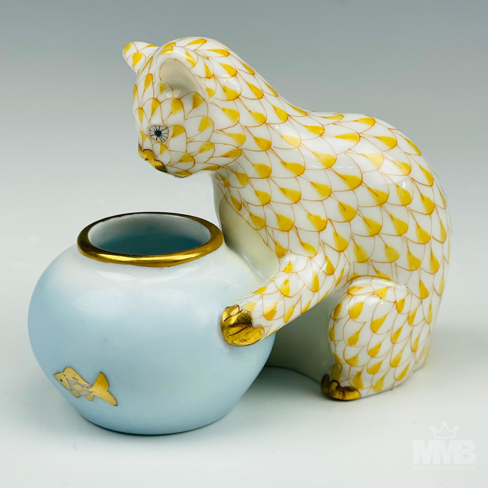 Herend Yellow Fishnet Kitten & Fish Bowl Figurine (1 of 4)