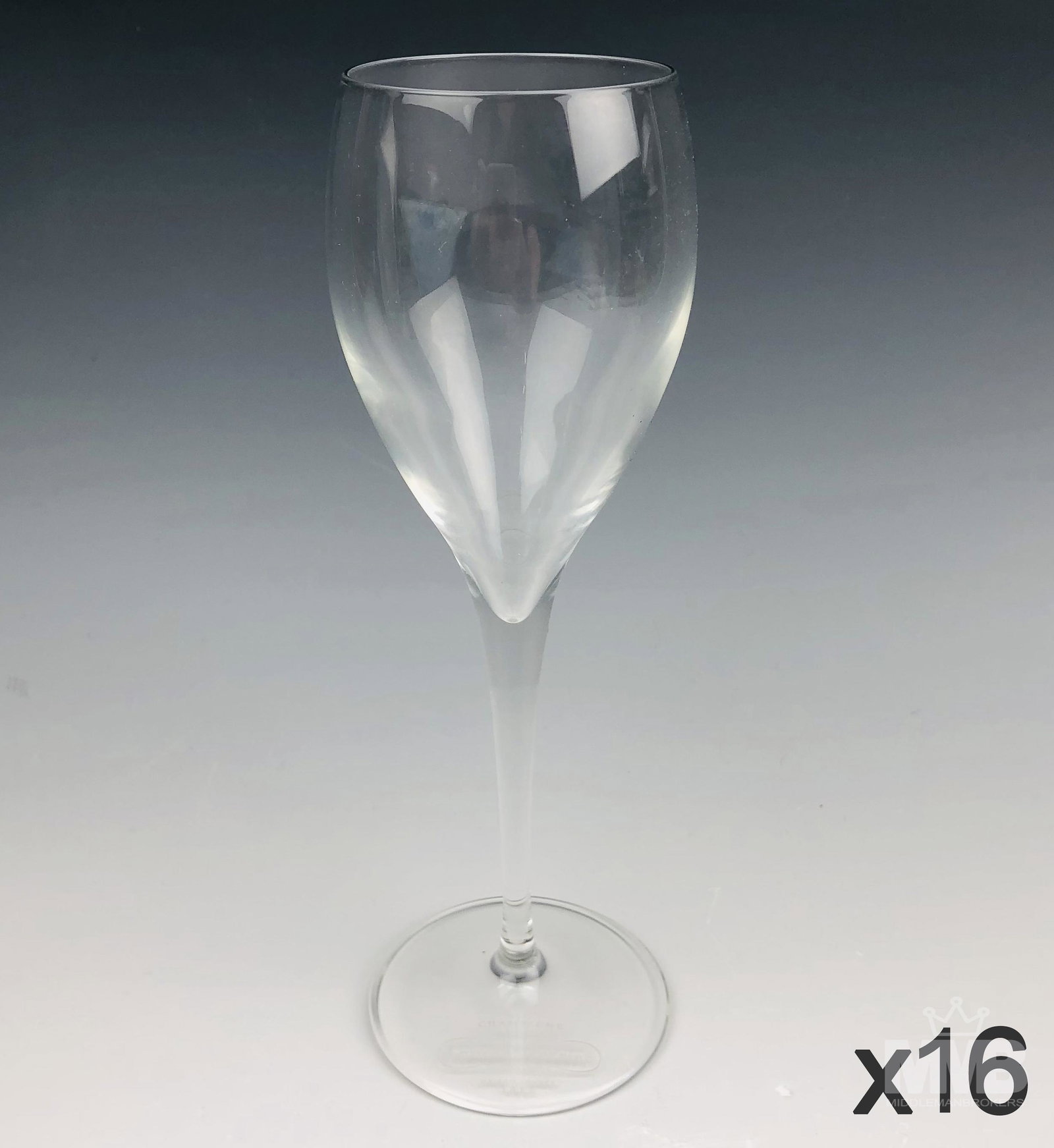 Set of 16 Laurent Perrier Crystal Champagne Flutes: Collection of sixteen Laurent Perrier Maison Fonee 1812 Champagne crystal flutes. SHIPPING MIDDLEMANBROKERS will offer in-house continental USA shipping for $55 plus insurance. Gallery will refer a lo