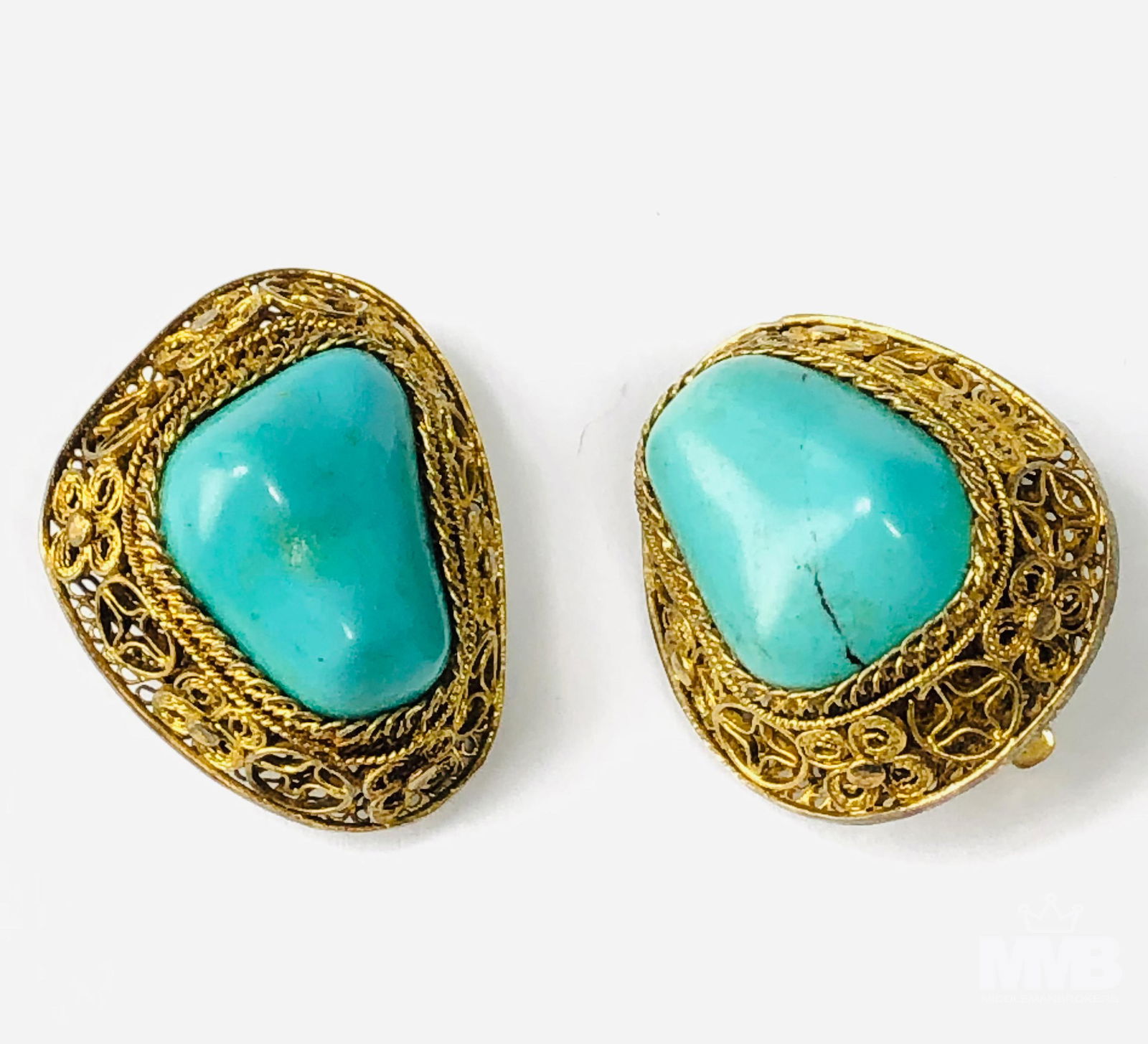 Chinese Gilt Filigree Turquoise Gemstone Earrings (1 of 3)