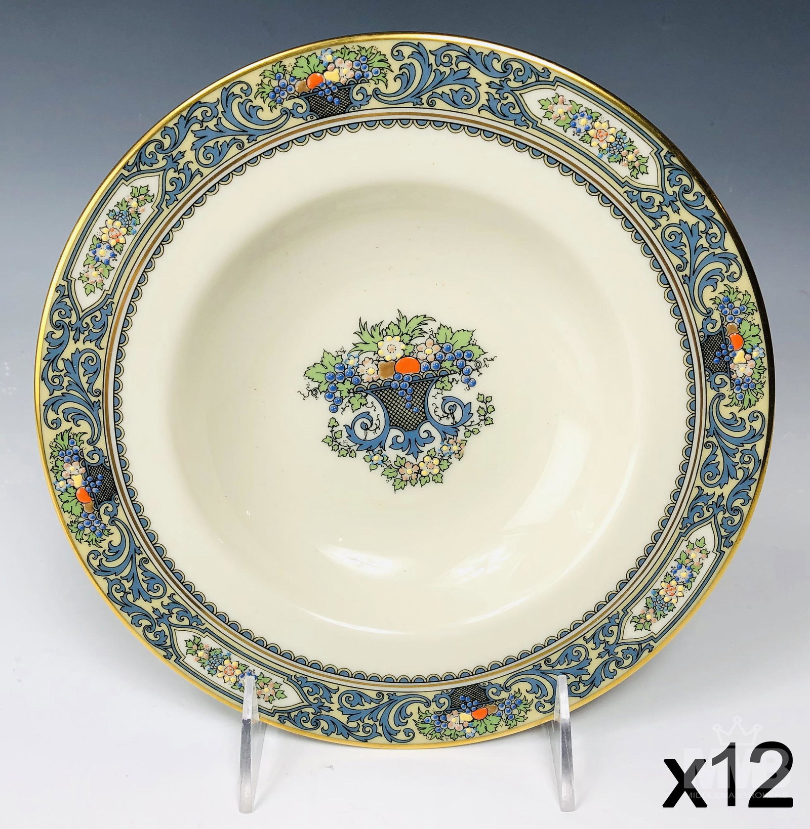 Lenox Autumn Porcelain Enamel Rim Soup Bowls x 12: This timeless and popular chinaware pattern features a cream colored body accented with raised enameled elements on the floral and scroll decorated border with a rich gold trim lining. Pattern introdu