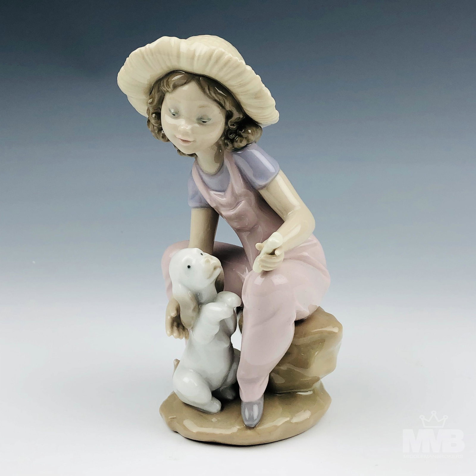 Lladro Friends Forever # 6680 Girl K9 Dog Figurine: Designed by sculptor Virginia Gonzalez in 1999 and discontinued/ retired that same year. Finish : Glazed. No box. Signed with the blue tulip mark Lladro Hand Made in Spain Daisa 1998. SHIPPING MIDDLEM