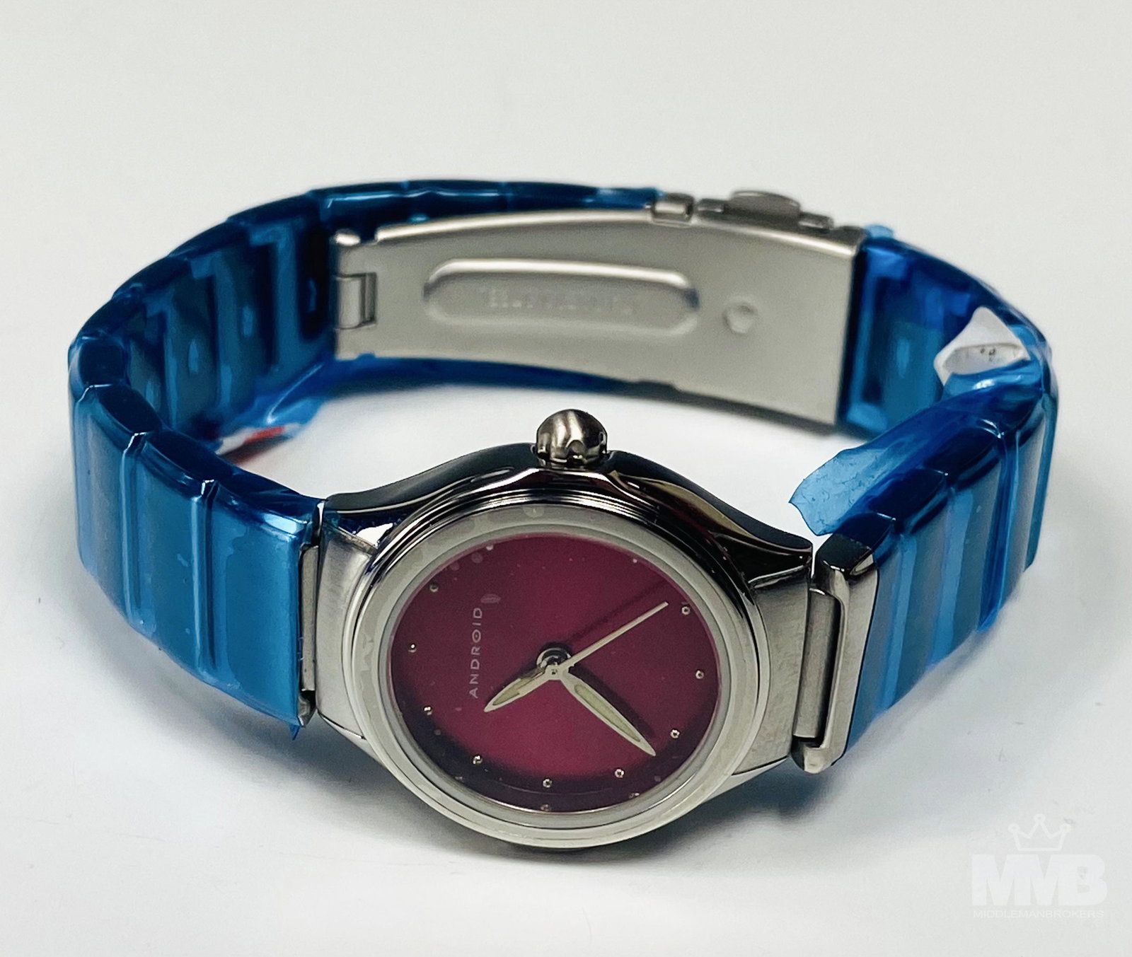 Android AD191 Women's Stainless Steel Wrist Watch: Features a watch with analog display, red colored dial face, blue colored stainless case and band. Water resistant up to 30 meters / 99 feet. 12 hour dial, white silver tone hands and seconds hand. Ho