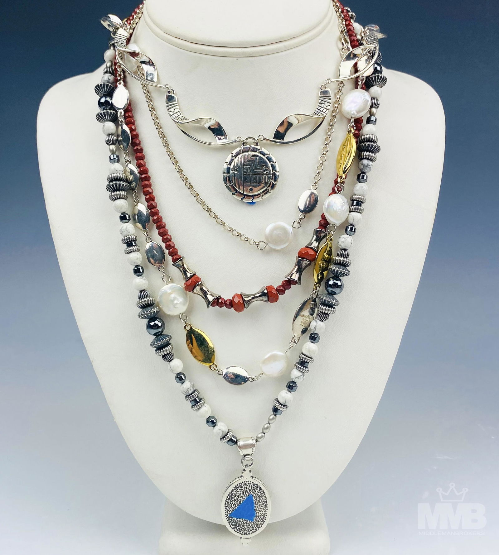 4 Designer Sterling Silver Gemstone Pearl Necklace: Includes the following jewelry articles. 1 x Robert Lee Morris (RLM) multifaceted beaded necklace. 1 x pearl, silver and gold tone necklace also by RLM. 1 x white buffalo, hematite and sterling bead p