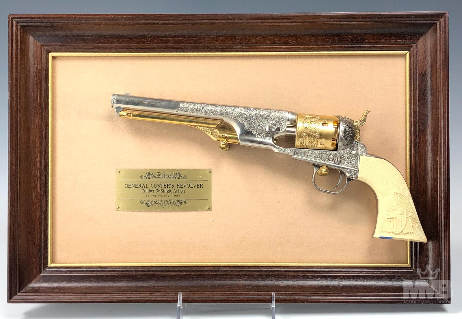 General Custer's .36 Action Revolver Replica Gun: This NON FIRING replica General Custer revolver colt .36 model 1861 navy was manufactured by The Franklin Mint. Features an ornate engraving throughout, matching serial numbers, 6 round percussion cyl