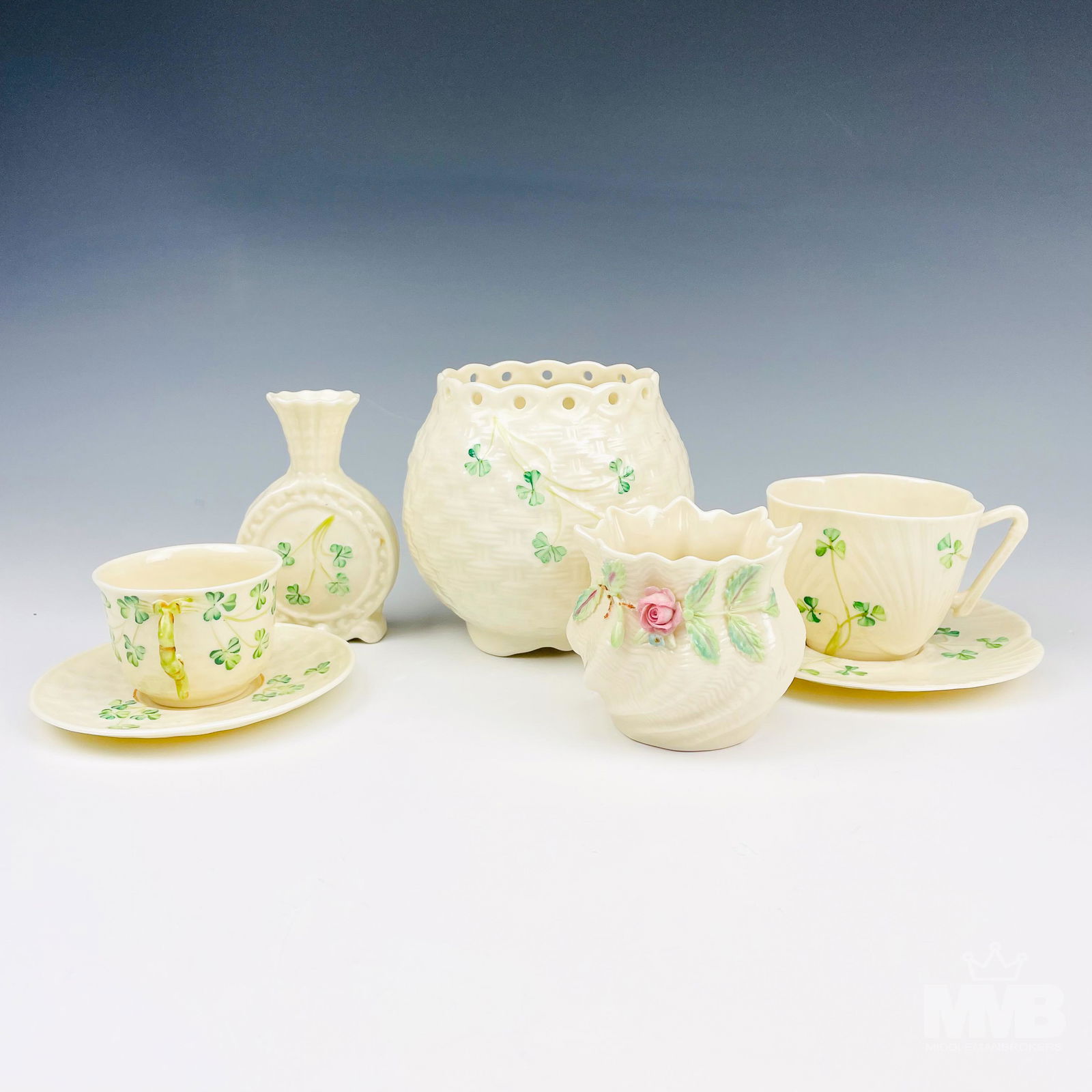 Collection Lot Belleek Porcelain Cup Saucer Vases (1 of 8)