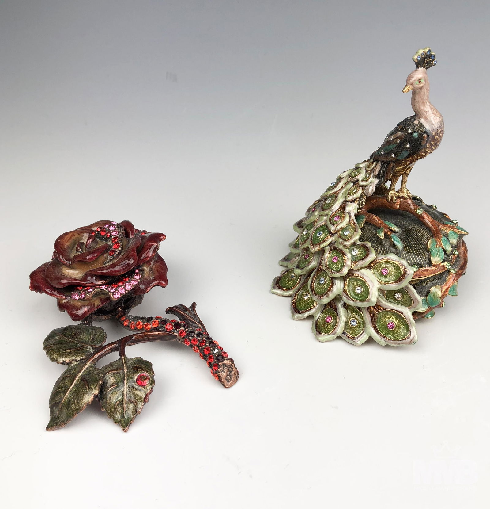 Enameled Bejeweled Peacock & Rose Trinket Boxes (1 of 2)