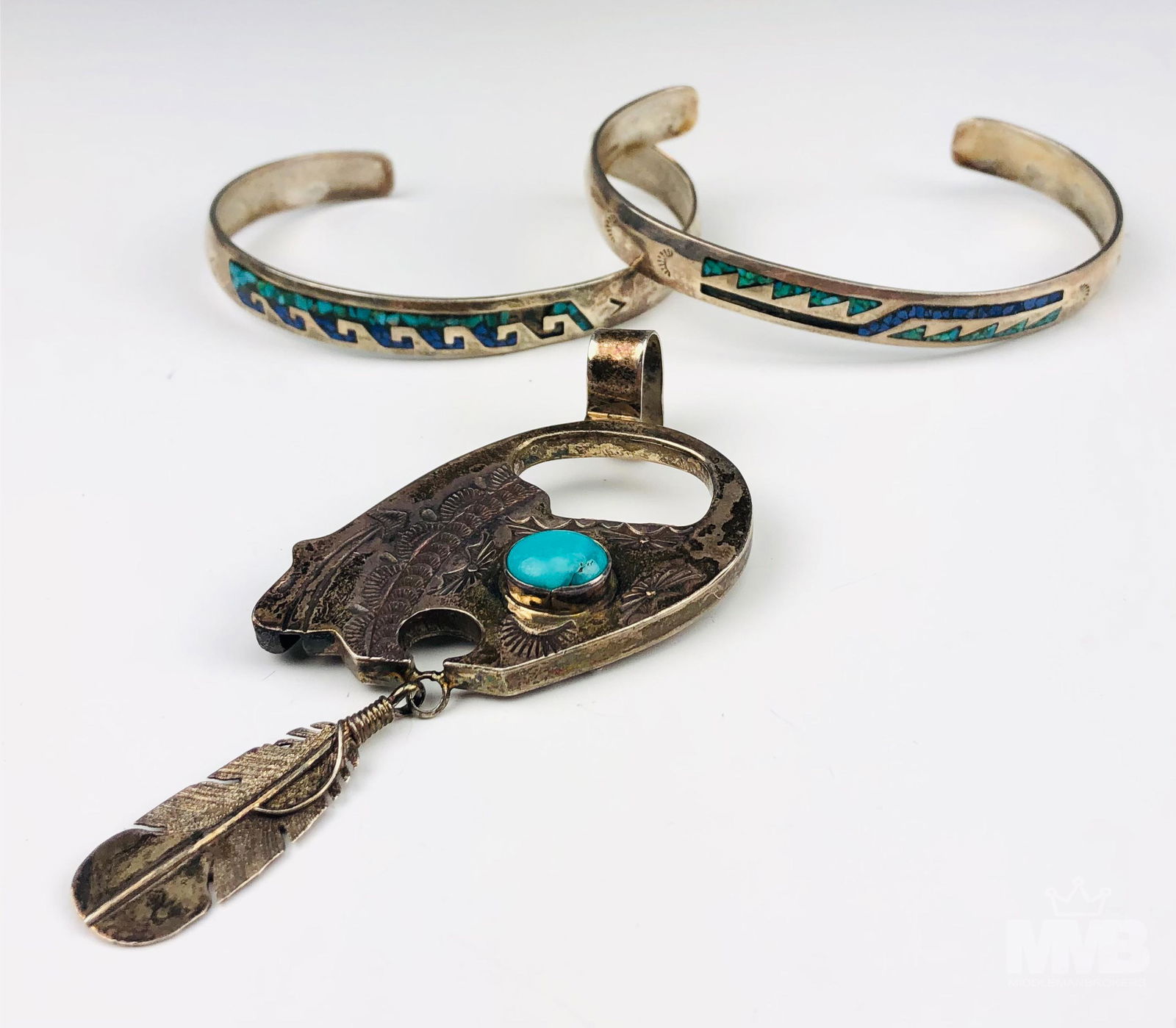 Lot American Indian Sterling Pendant & Bracelets (1 of 8)