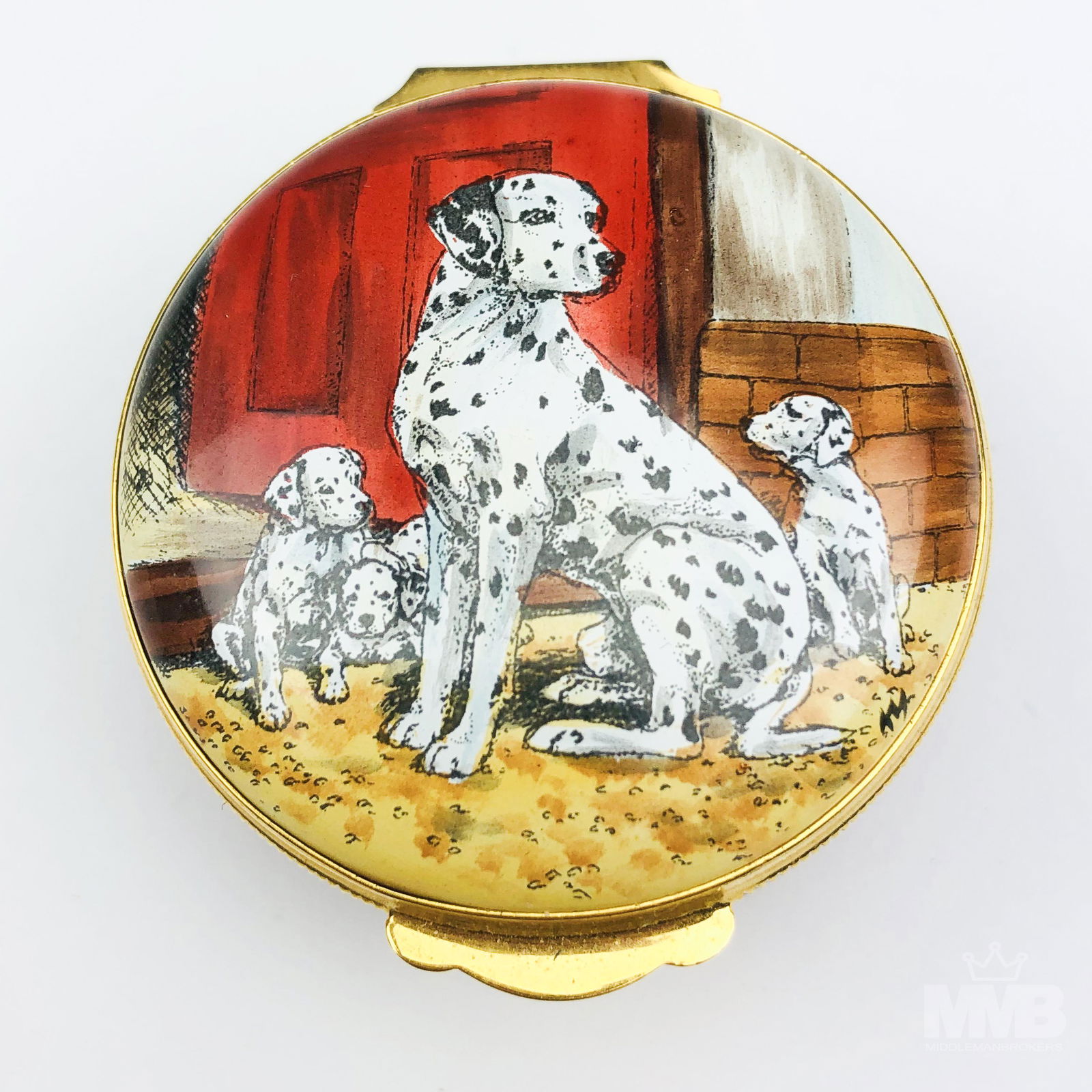 Crummles Rochard Enamel Dalmatian Trinket Pill Box: English hand painted and hand crafted enamel collectible box having a multitude of uses. Lid features a mother Dalmatian with precious puppies in a barnyard type setting. Mounted gilt brass hardware t
