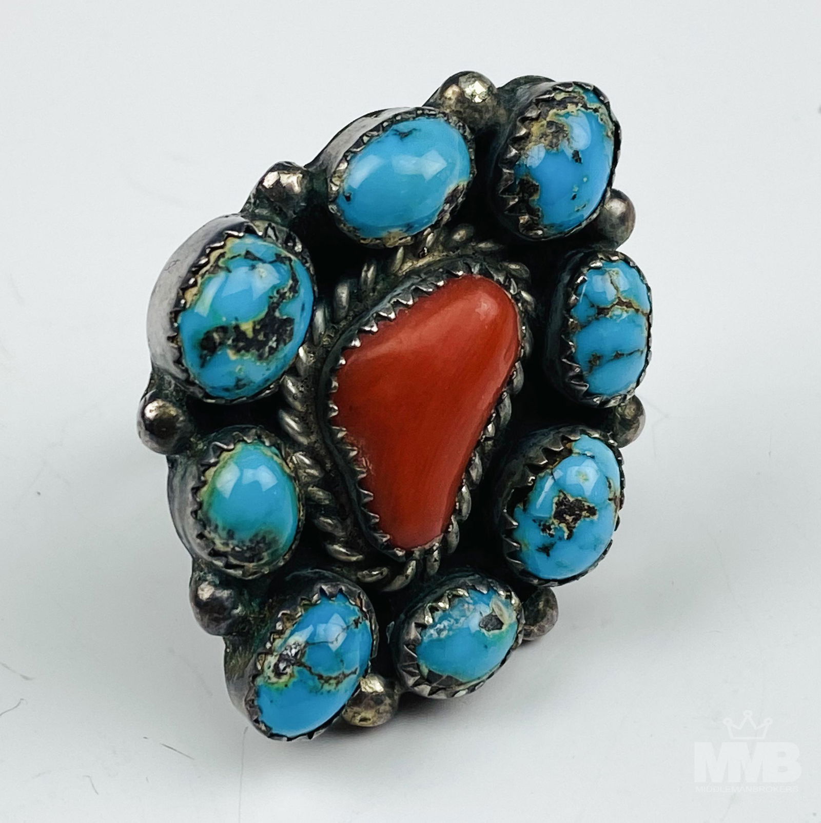 American Indian Sterling Turquoise Coral Ring Sz 6 (1 of 3)