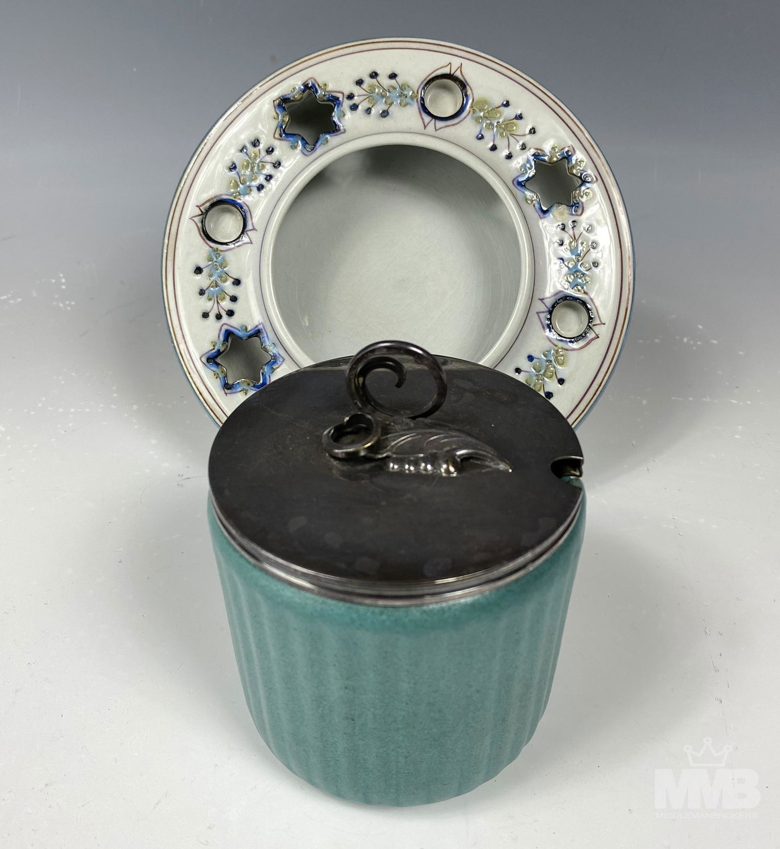 Michael Andersen & Royal Copenhagen Collectibles: Includes the following articles. 1 x Royal Copenhagen Aluminia Faience flower bowl candleholder. Designed by Berte Jessen ~ circa 1960's from the Tenera line. The lidded art pottery jar was designed b