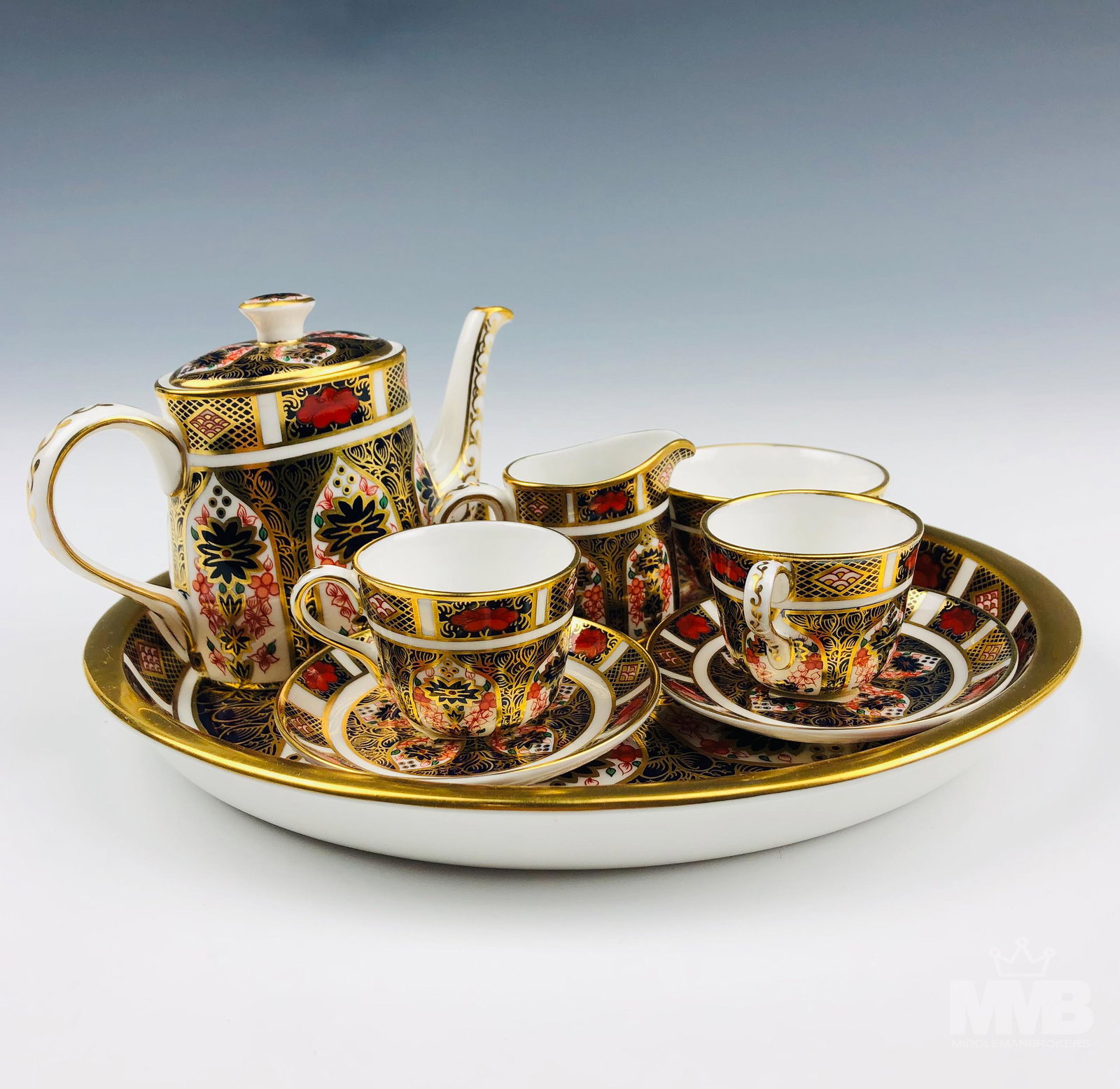 Royal Crown Derby Old Imari Mini Tea Coffee Set: Hand crafted English bone china modeled by Royal Crown Derby in their Old Imari pattern. Decorated with an intricate floral inspired motif and open lattice patterns in striking shades of reds and blue