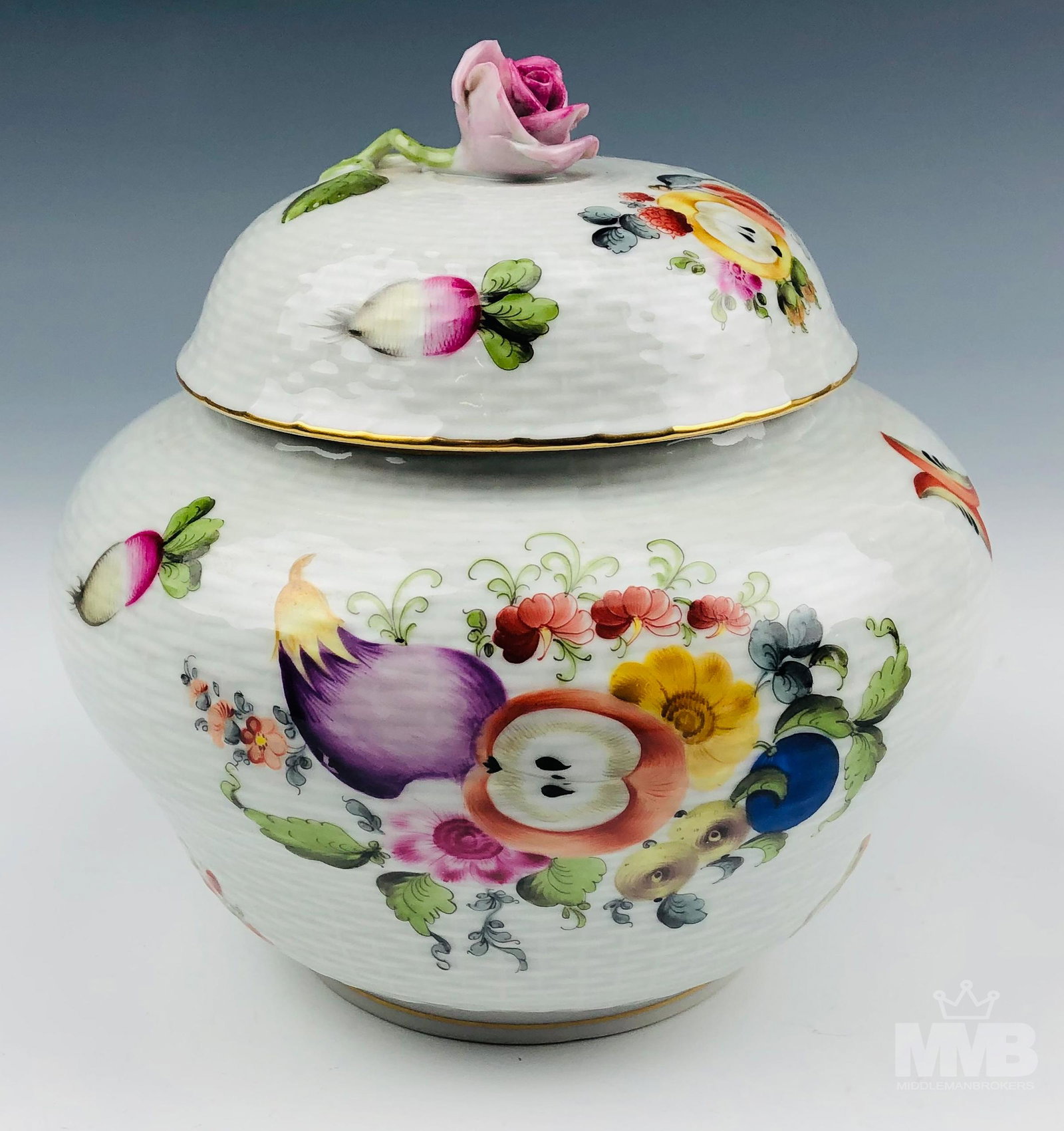 Herend Fruits Flowers Painted Porcelain Bowl w Lid (1 of 4)