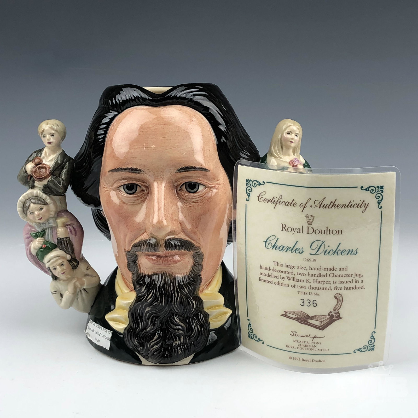 Royal Doulton Charles Dickens LARGE Toby Jug w COA: This English manufactured bone china article features the bust head of the English writer and social critic Charles John Huffman Dickens (1812 - 1870). Designed by William K. Harper in 1995 in a limit